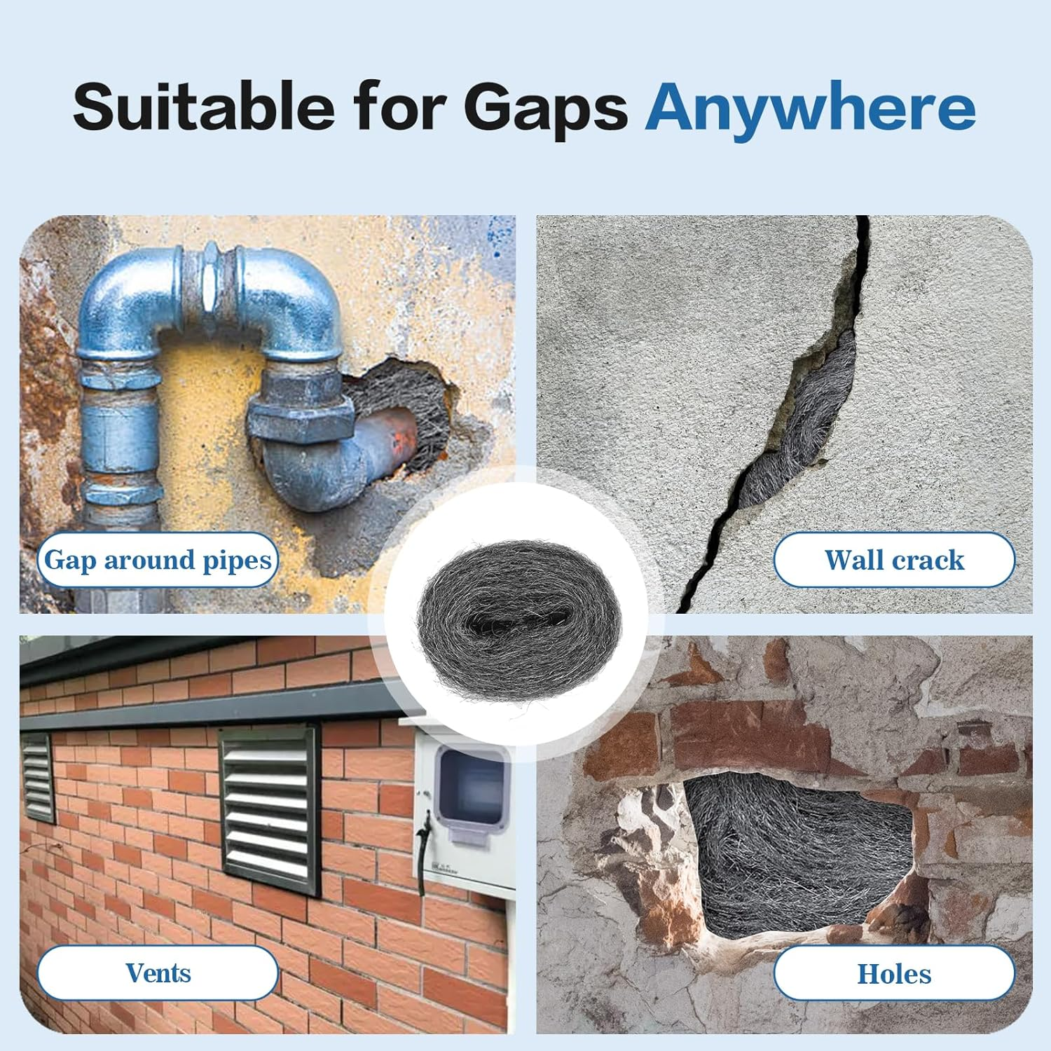 Steel Wool Mice Control 6PCS, 5Cm*30M Steel Wool 0000 Garage Door Rodent Guard Rodent Control Fill Fabric for Wall Cracks Holes Vents in Garden/Garage/House(6 Rolls, 30M)