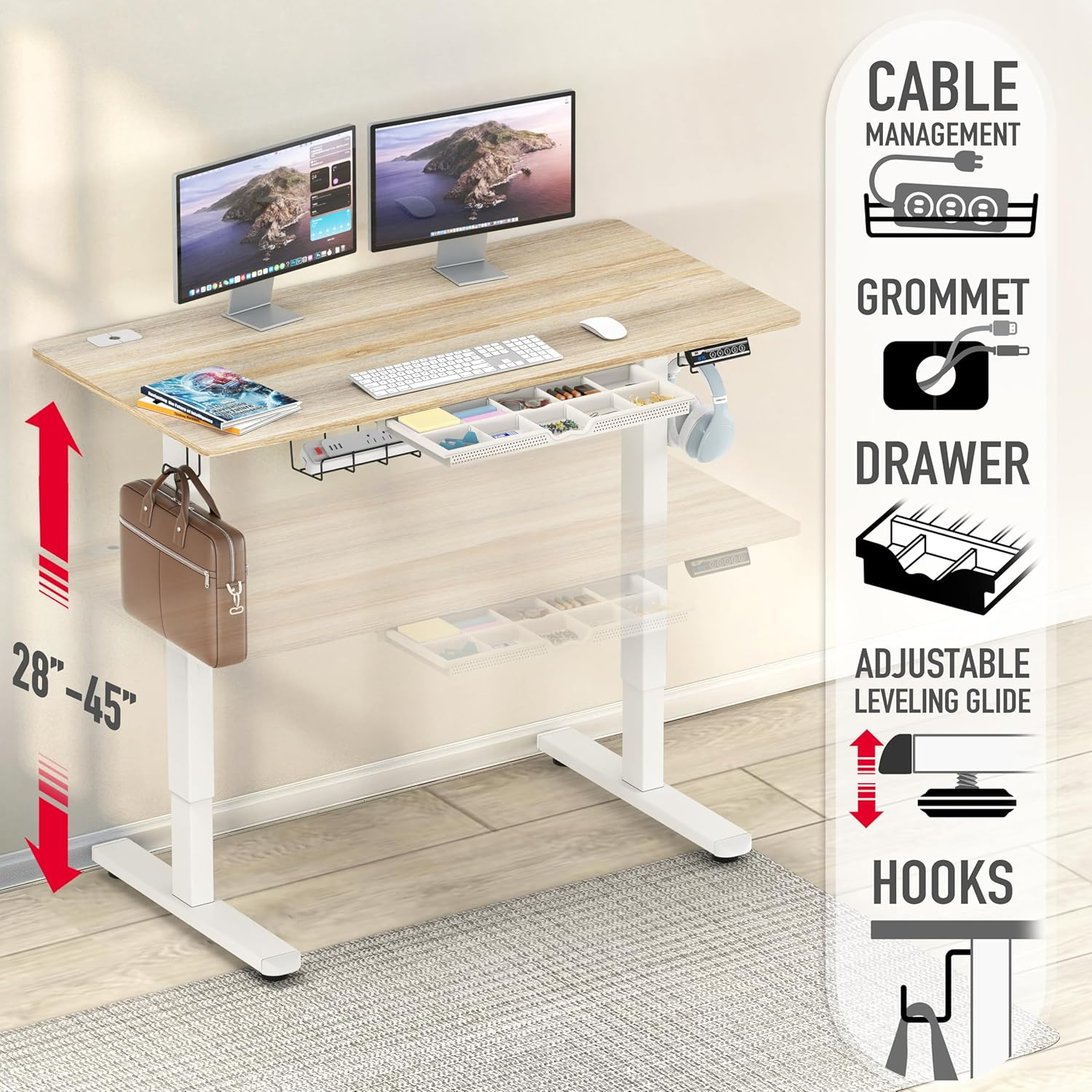 SHW 120 X 60 Cm Electric Height Adjustable Standing Desk with Memory Preset and Cable Management Tray, Maple image number 5