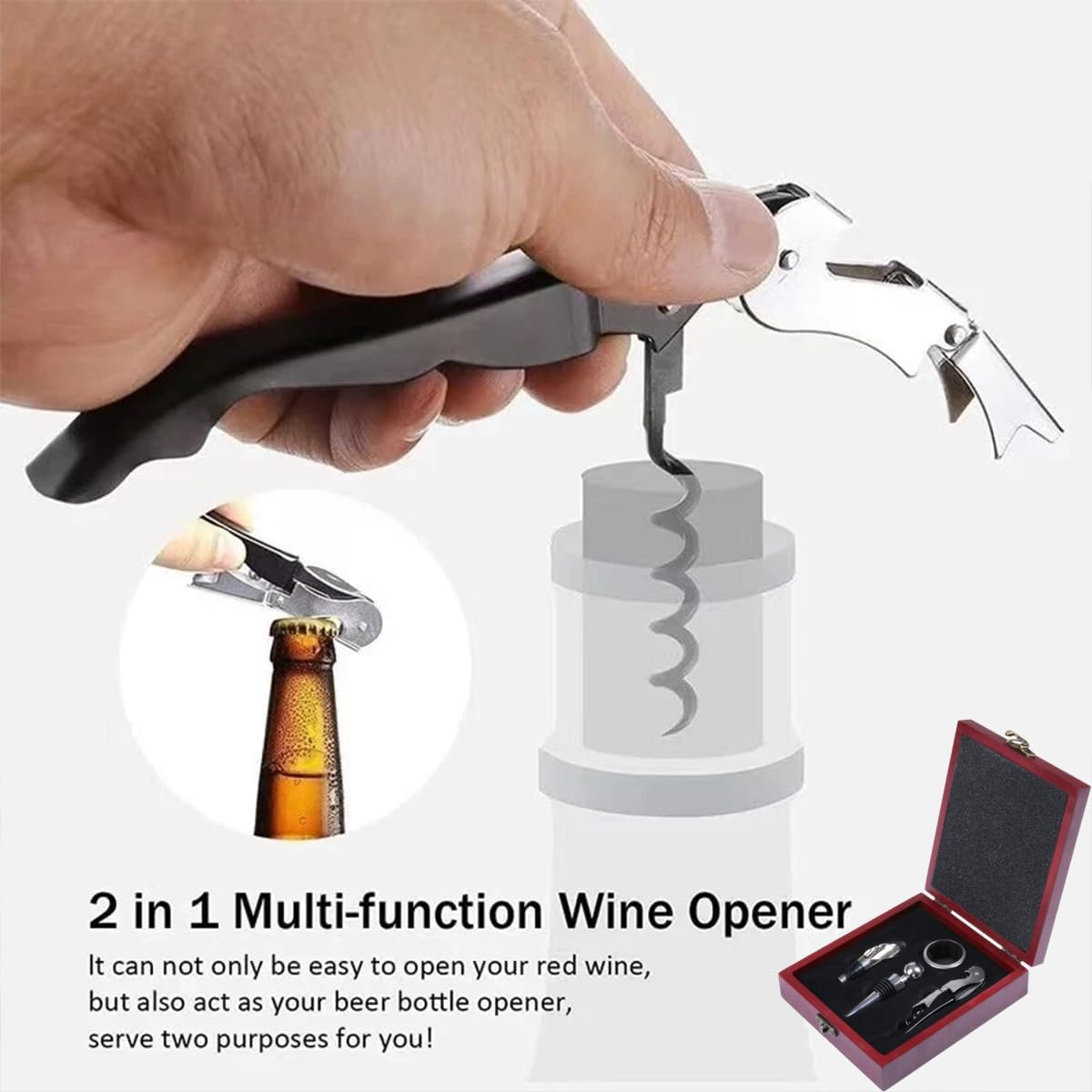 AIMALL Stainless Steel Wine Opener Set with Bamboo Box &ndash; 4-In-1 Multifunctional Corkscrew, Stopper, Drip Ring & Pourer for Red Wine, 5.9X6.7X1.85In
