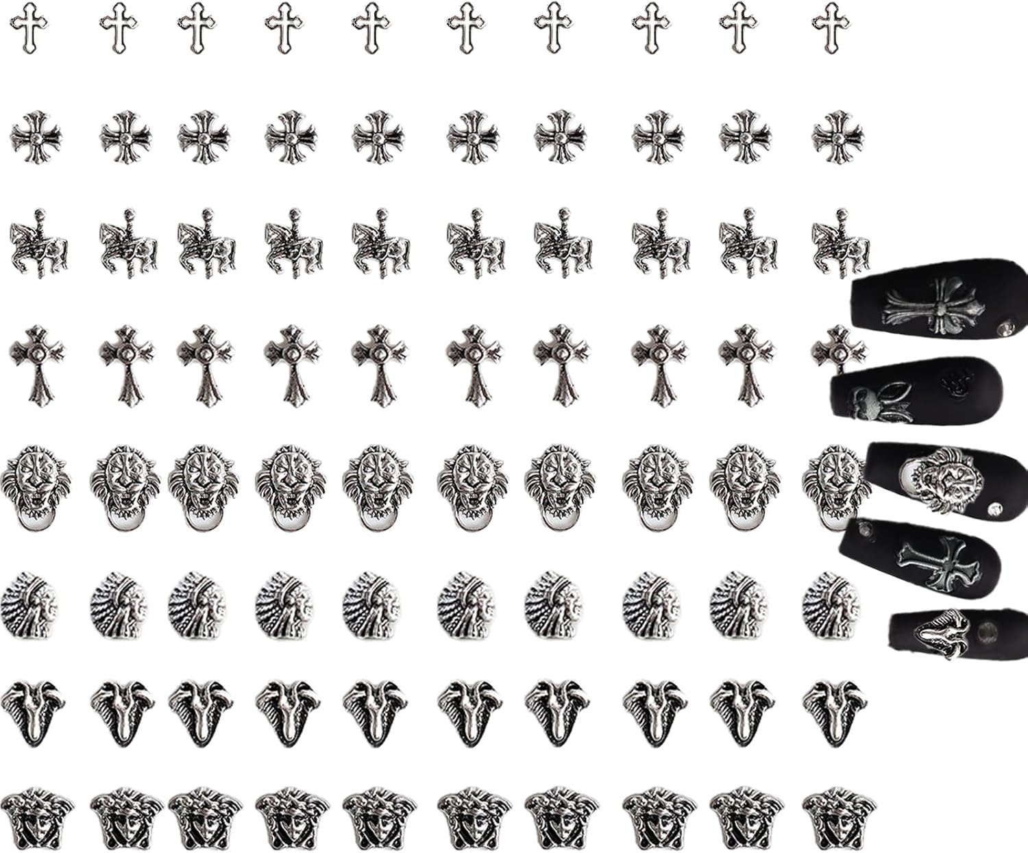 80Pcs Leeneen Silver Metal Cross Nail Charms for Nails Design,Y2K 3D Chrome Nails Art,Vintage Alloy Cross Heart Skull Acrylic Charm for Women, Halloween Nail Supplies (L1)