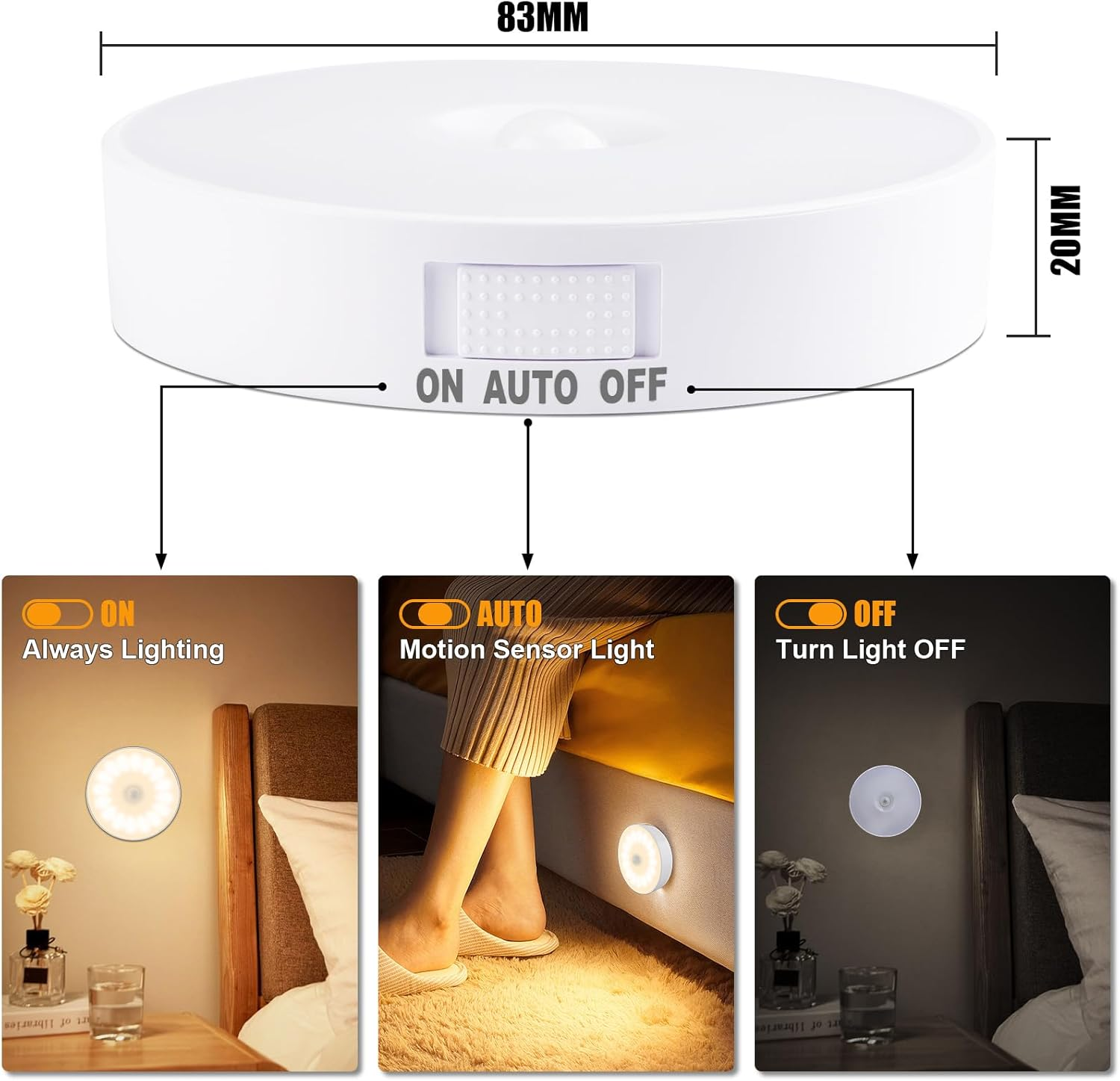 Electight 14 Leds Motion Sensor Light Indoor, 6 Pack Newest Night Light USB Rechargeable, 3 Light Modes & Long Last Battery, Cordless Magnetic Nightlight for Bedroom, Closet, Hallway (Warm White) image number 2