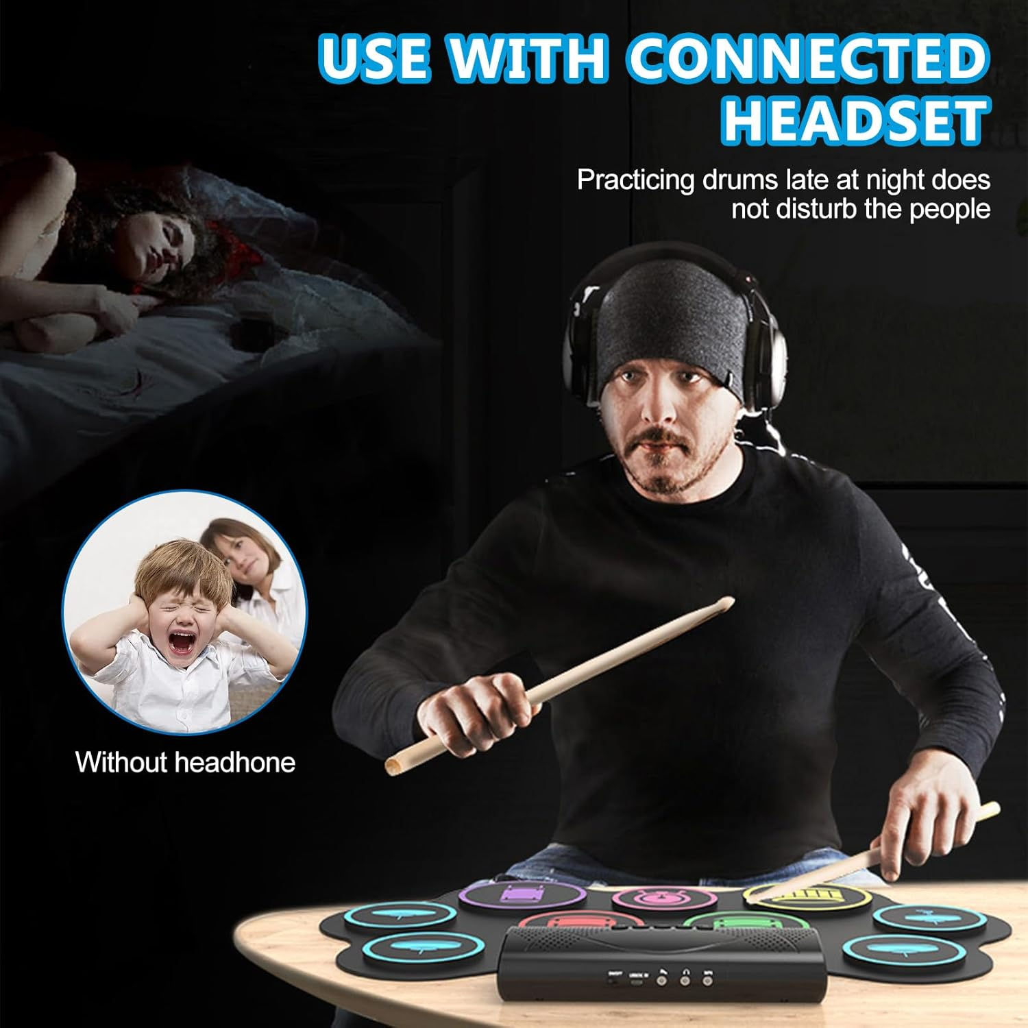 Electronic Drum Set, 9 Practice Drum Pads,Roll-Up Rechargeable Drum Set,Portable Digital Midi Practice Drum Pad for Beginners, Plus image number 3