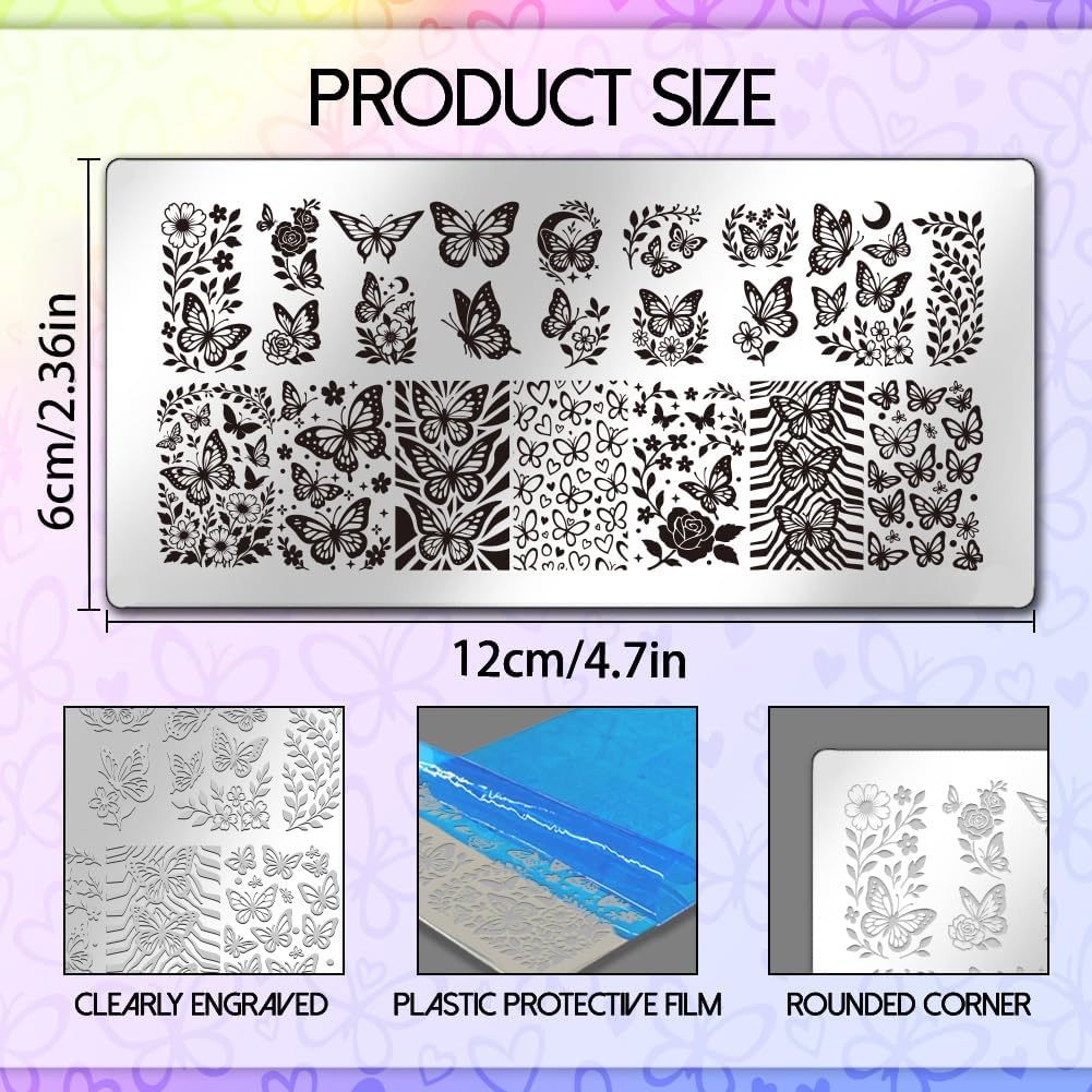 UNICRAFTALE 5Pcs Butterfly Flower Reusable Nails Stamp Flames Nails Stamping Kit Abstract Textures French Tip Nail Stamp Star Stainless Steel Nail Stamping Plates for DIY Women Gift 12X6Cm