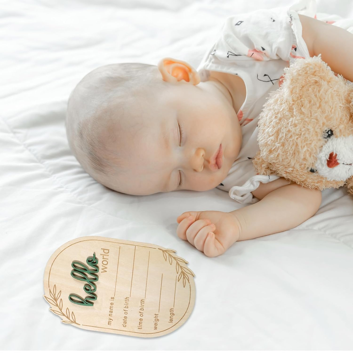 Baby Announcement Sign, 5.9 Inch Wooden Hello World Newborn Signs Birth Baby Name Plaques Birth Announcement Sign for Newborn Boys and Girls Photo Prop Ba-By Shower Hospital Nursery Gift image number 6