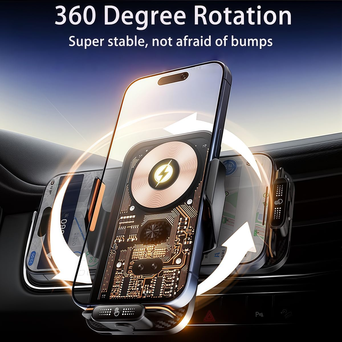 Cadozeal Car Phone Holder| 66W Fast Charging| 2025 Newest 5-In-1| One-Hand Touch Auto Lock, 360&deg; Rotation Super Stable, Premium Alloy Car Mount, Universal Fit for Iphone Android and All Smartphones