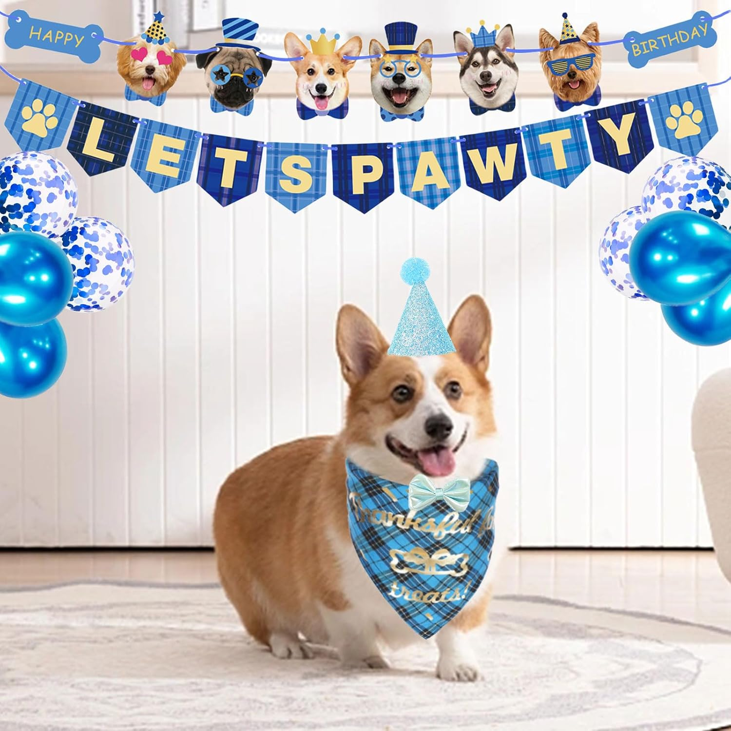 Dog Birthday Party Supplies,Dog Birthday Hat and Bandana Blue with Dog Bow Tie and Balloons,Lets Pawty Happy Birthday Banner for Pet Puppy Cats Small Medium Dogs (Dog Birthday Decorations Blue) image number 6