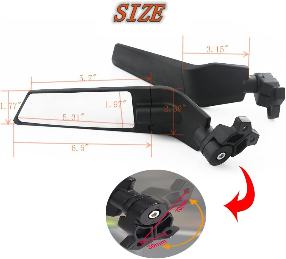 Motorcycle Side Mirrors, Adjustable Stealth Mirrors Fit for 2018-2023 KAWASAKI Ninja 400/650 ZX10R/ZX6R/ZX-636 Honda CBR600RR/CBR1000RR Wind Wing Mirror Rotating Black image number 5