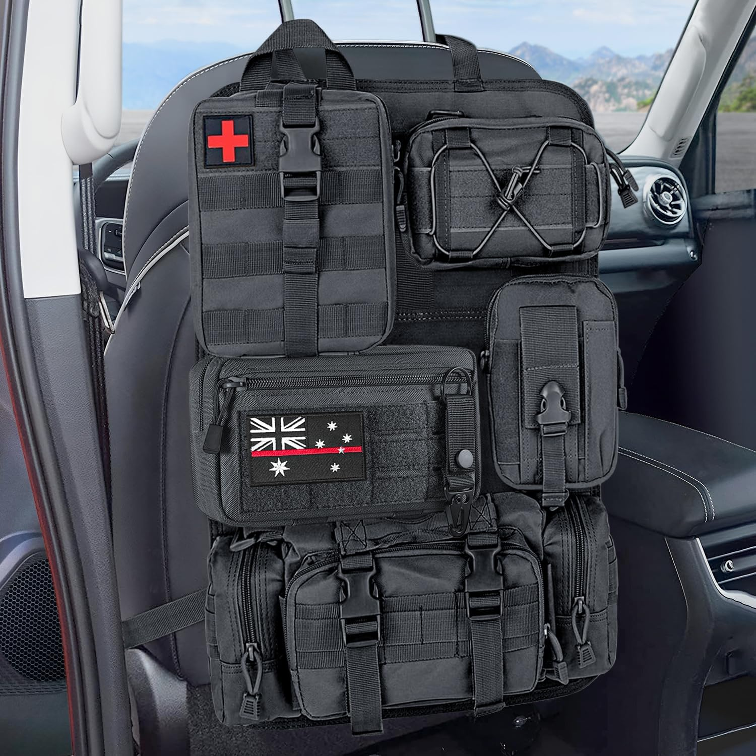 Molle Panel Tactical Car Seat Organiser, Tactical Car Seat Back Organizer with 5 Detachable Molle Pouches, Auto Accessory Vehicle Storage Universal Fit (Style II)