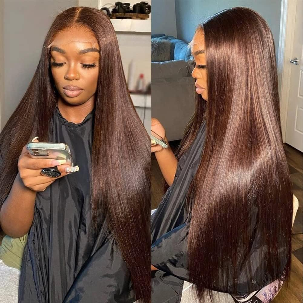 Hermosa 13X4 Brown Lace Front Wigs Human Hair with Baby Hair 180 Density Straight Lace Frontal Human Hair Wigs Pre Plucked Hairline 4# Brown Color 28 Inch image number 1