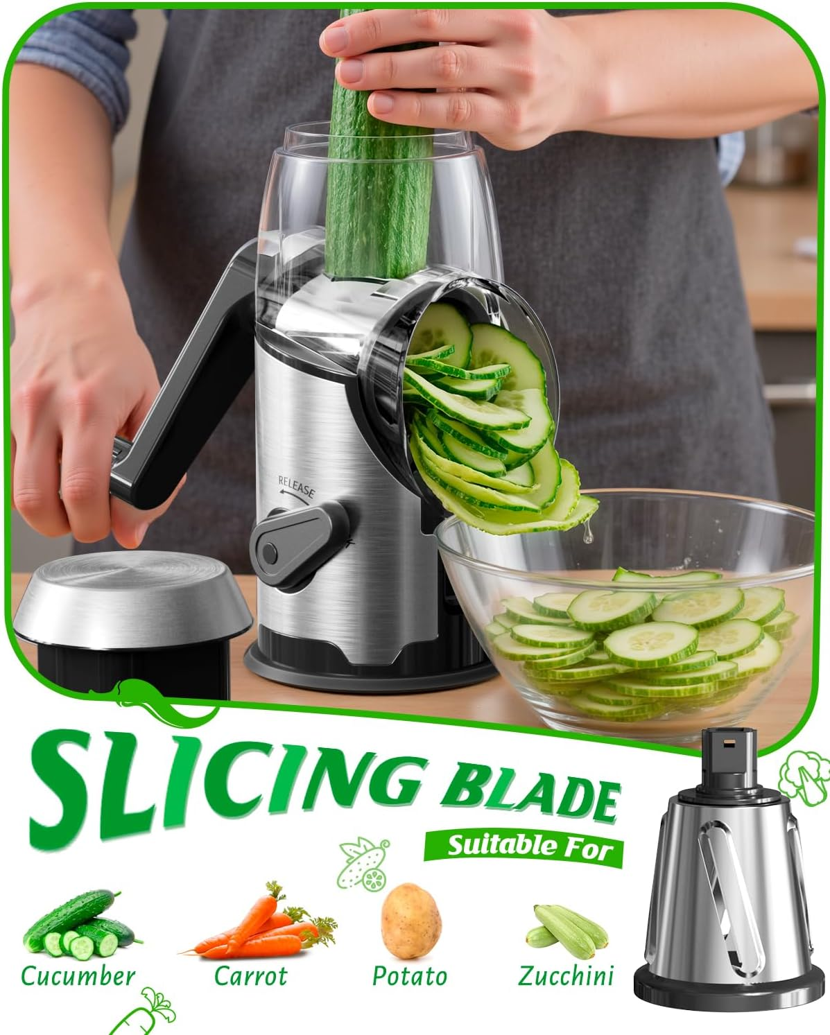 AUSELECT Cheese Grater Rotary - Hand Crank Vegetable Shredder Slicer Stainless Steel with 3 Blades, Easy to Clean Table Top Drum Grater with Anti-Slip Base Chopper Cutter for Kitchen Fruit, Nuts