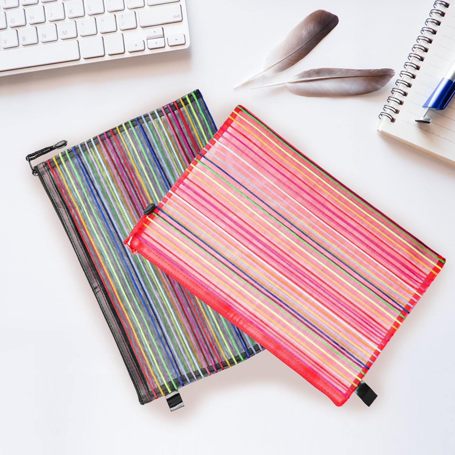 Set of 6 A4 Zipper Mesh Pouch Wallets, Snap Closure Folders for Office Supplies, Cosmetics, and Travel Accessories in 6 Vibrant Colors (Yellow, Green, Blue, Purple, Black, Red) image number 1