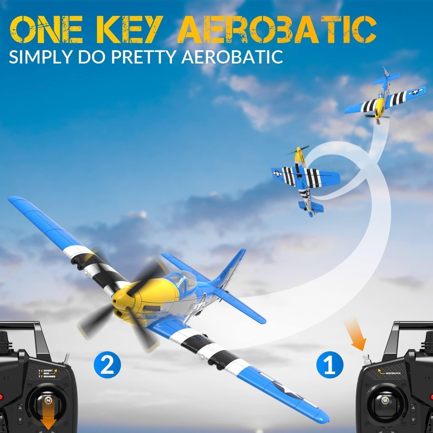 VOLANTEXRC RC Plane 4-CH RC Airplane Ready to Fly P51 Mustang WWII Remote Control Plane for Beginners with Xpilot Stabilization System, One Key Aerobatic for Adults Kids(761-5 Blue) image number 1