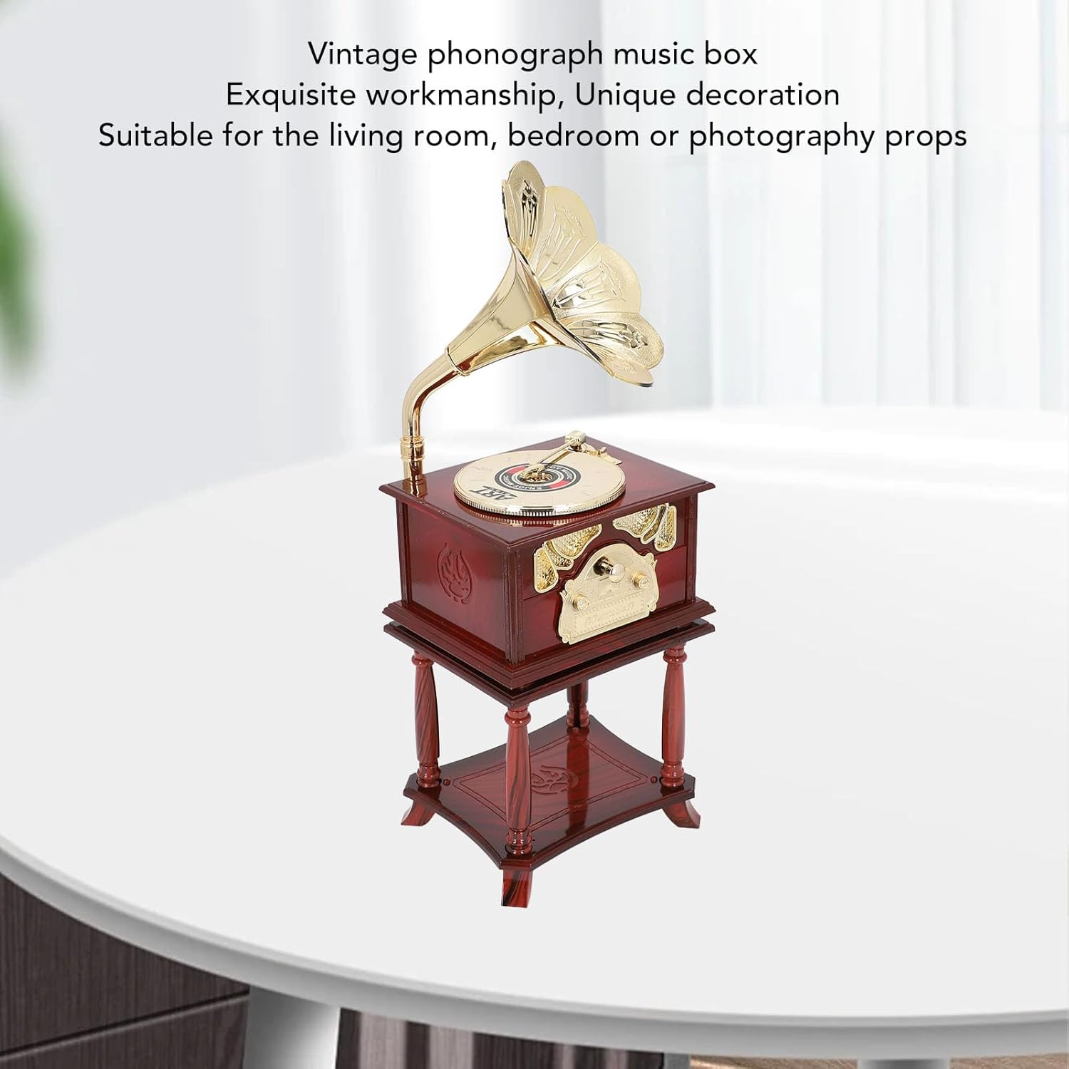 Vintage Gramophone Clockwork Music Box Mechanical Retro Phonograph Style Music Box with Handcrafted Details for Home Office Decor (Brown Gramophone with Base) image number 4