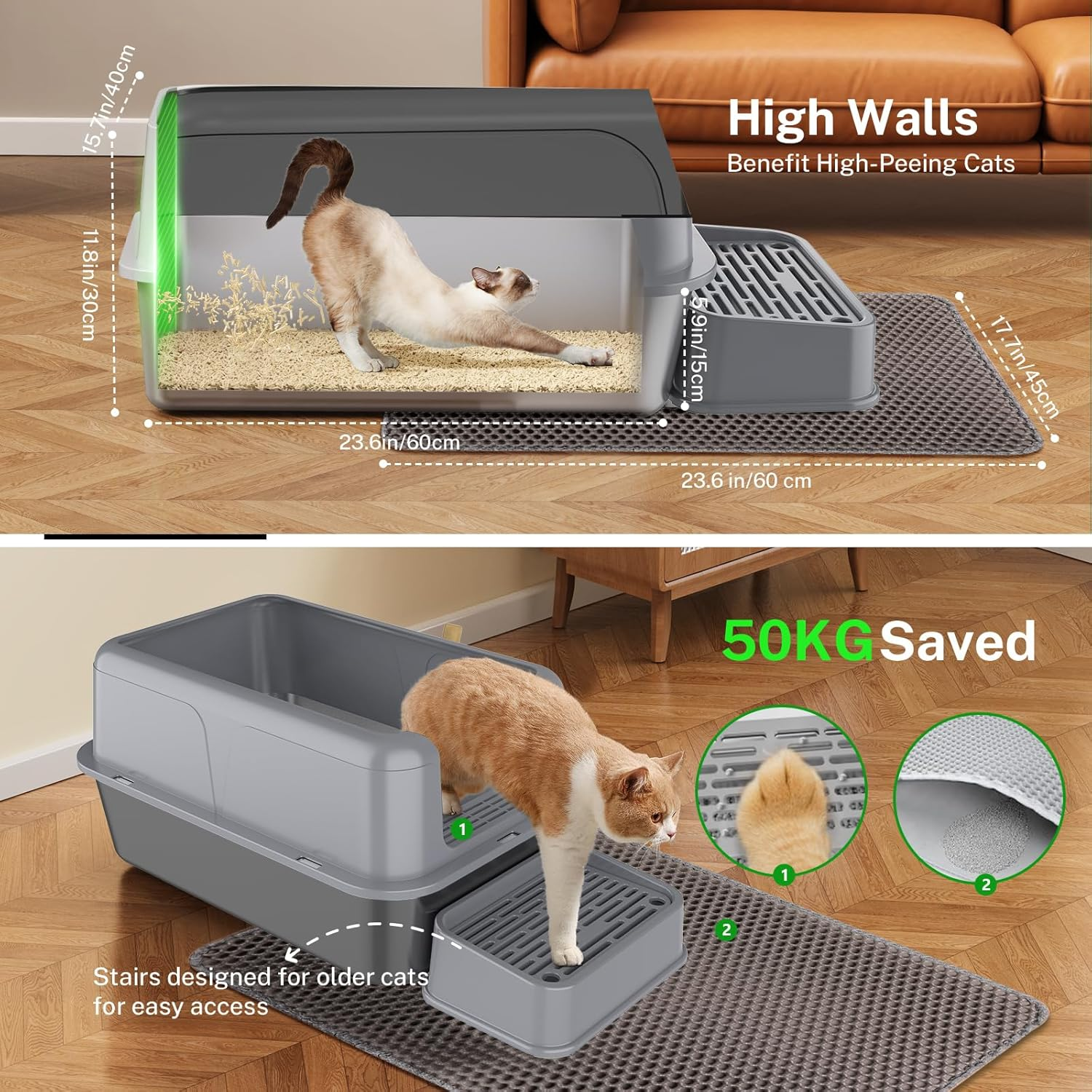 PKBD XL Stainless Steel Cat Litter Box with Removable Lid, Extra Large Cat Litter Box for Big Cats, High Sided 304 Metal Pan, anti Leakage, Odor-Free & Easy Cleaning,Included Scoop and Mat (Grey)