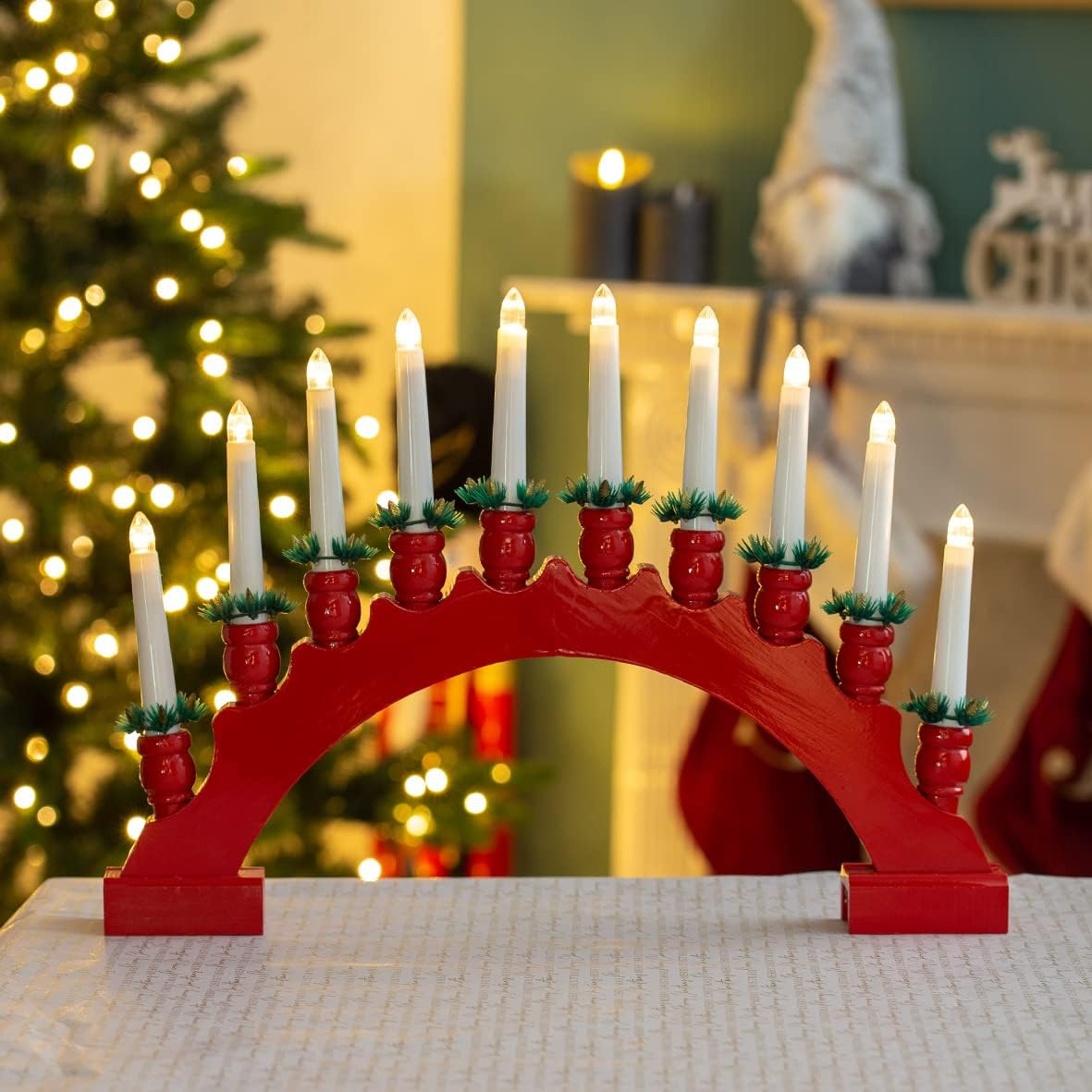 The Christmas Workshop 71169 Red Arched Wooden Candle Bridge with Candle Holders / 10 Warm White Leds/Indoor Christmas Decoration / 48Cm X 34.5Cm X 5Cm / Battery Powered image number 4