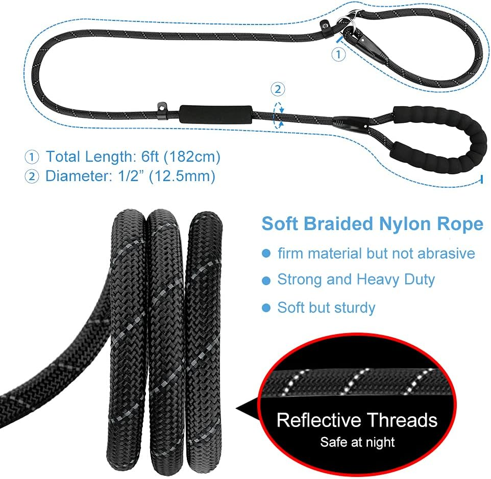 PLUTUS PET Slip Lead Dog Leash - Anti-Choking with Traffic Padded Two Handles, Reflective Strong Sturdy Heavy Duty Rope, 6FT Training for Medium Large Dogs, 6' Black - Red image number 7