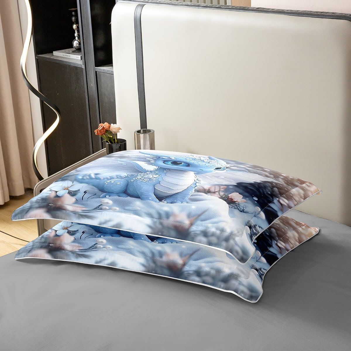 Homewish Dragon 100% Cotton Duvet Cover, Wild Safari Bed Linen Set, 155 X 220 Cm, for Children, Scale, Snow, Dew, Winter, Flowers, Dreamy Aesthetics, Blue, White, Comforter Cover, Breathable Bed Set - Pink image number 2