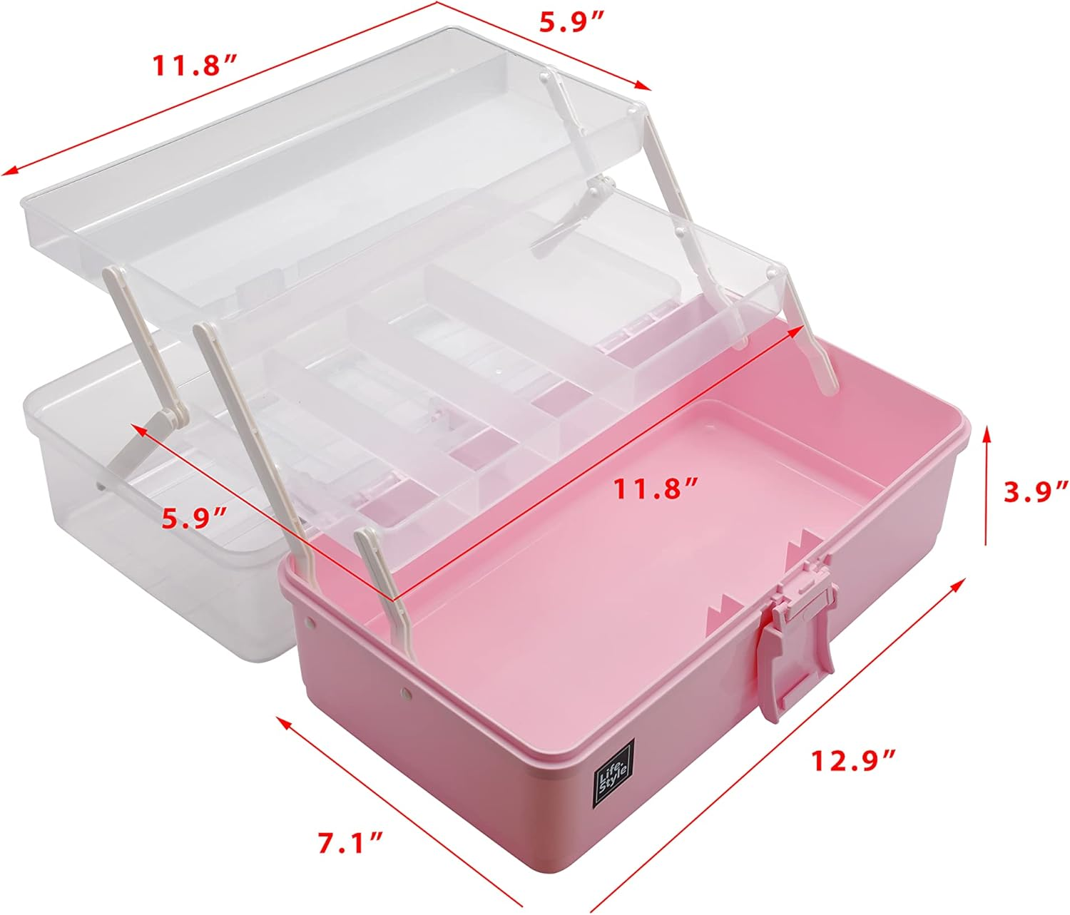 3 Layers Plastic Portable Storage Box, Multipurpose Organizer and Storage Case for Art Craft and Cosmetic, Portable Handled Storage Box for Home, School, Office, First Aids (Pink) image number 3