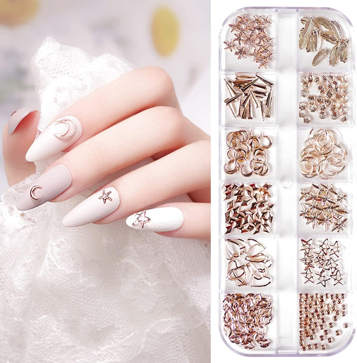 Nail Charms Studs Sparkle Metal Nails Art Rivet Kit Mix Shapes DIY Irregular Manicure Accessories for Feather Star Moon Shell Heart - Rose Gold image number 2