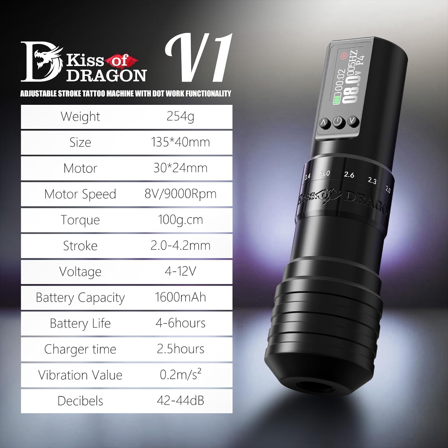 Kiss of Dragon Beginner Tattoo Gun - Wireless Tattoo Machine Ink Pen 1800Mah Battery image number 4