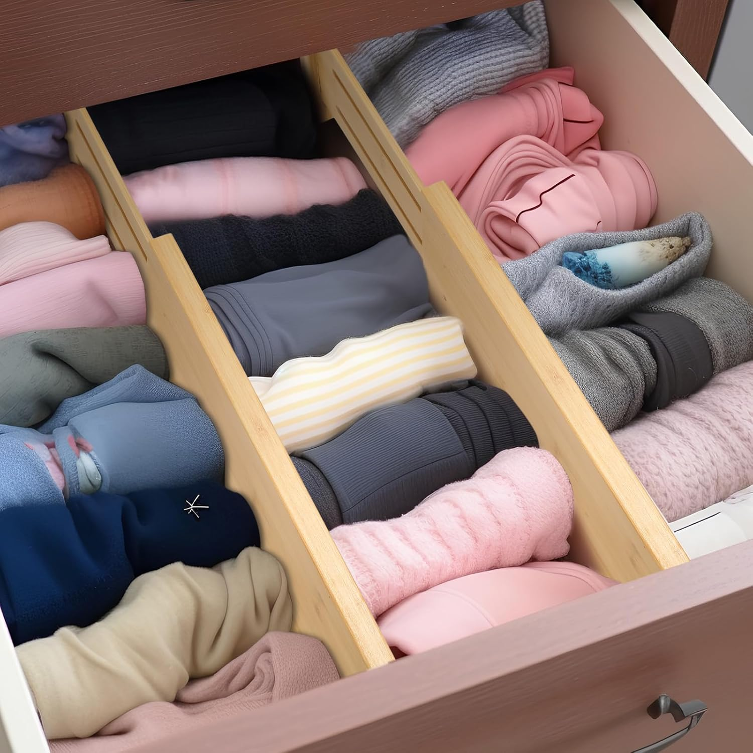 Fabsome Dresser Drawer Organizers 6 Pack, 4.65'' High Adjustable from 12.5-17&lsquo;&rsquo; Bamboo Drawer Dividers for Clothing Baby Clothes, Wooden Separators for Dresser Nursery Organization with Soft Foam Ends image number 1