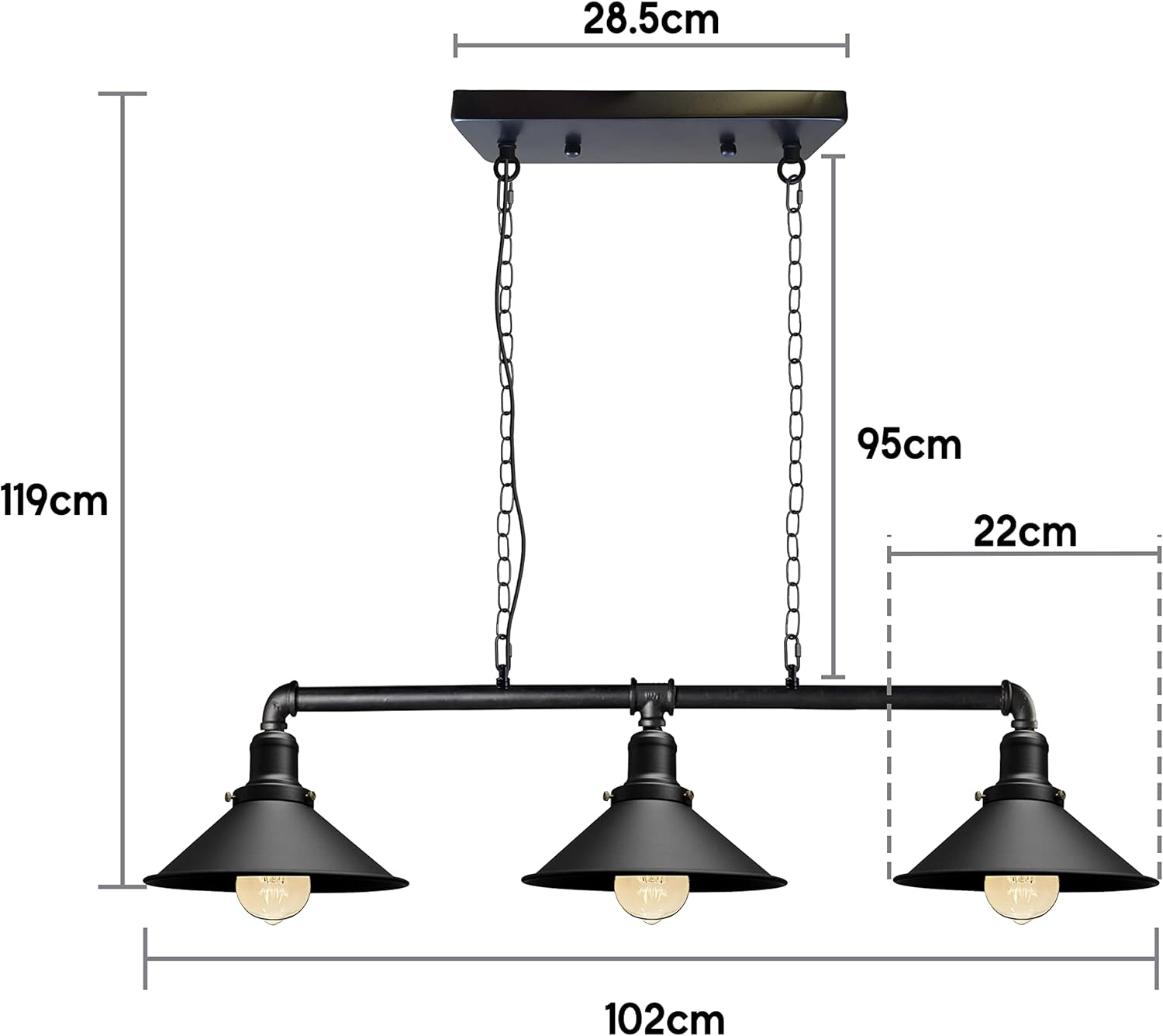 Ledsone Industrial 3 Way Vintage Retro Style Steampunk Pipe Light Bar with Lamp Shade Pendant Light Fitting Metal Pipe Lighting Ceiling Light image number 2