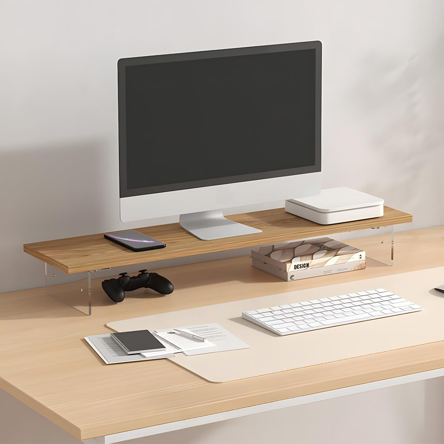 Monitor Stand Riser,Wood & Acrylic Computer Monitor Stand,Desk Organizer Accessories,Multifunctional Desktop Organizer Stand for Laptop, PC, Computer, Printer(Wood) image number 4