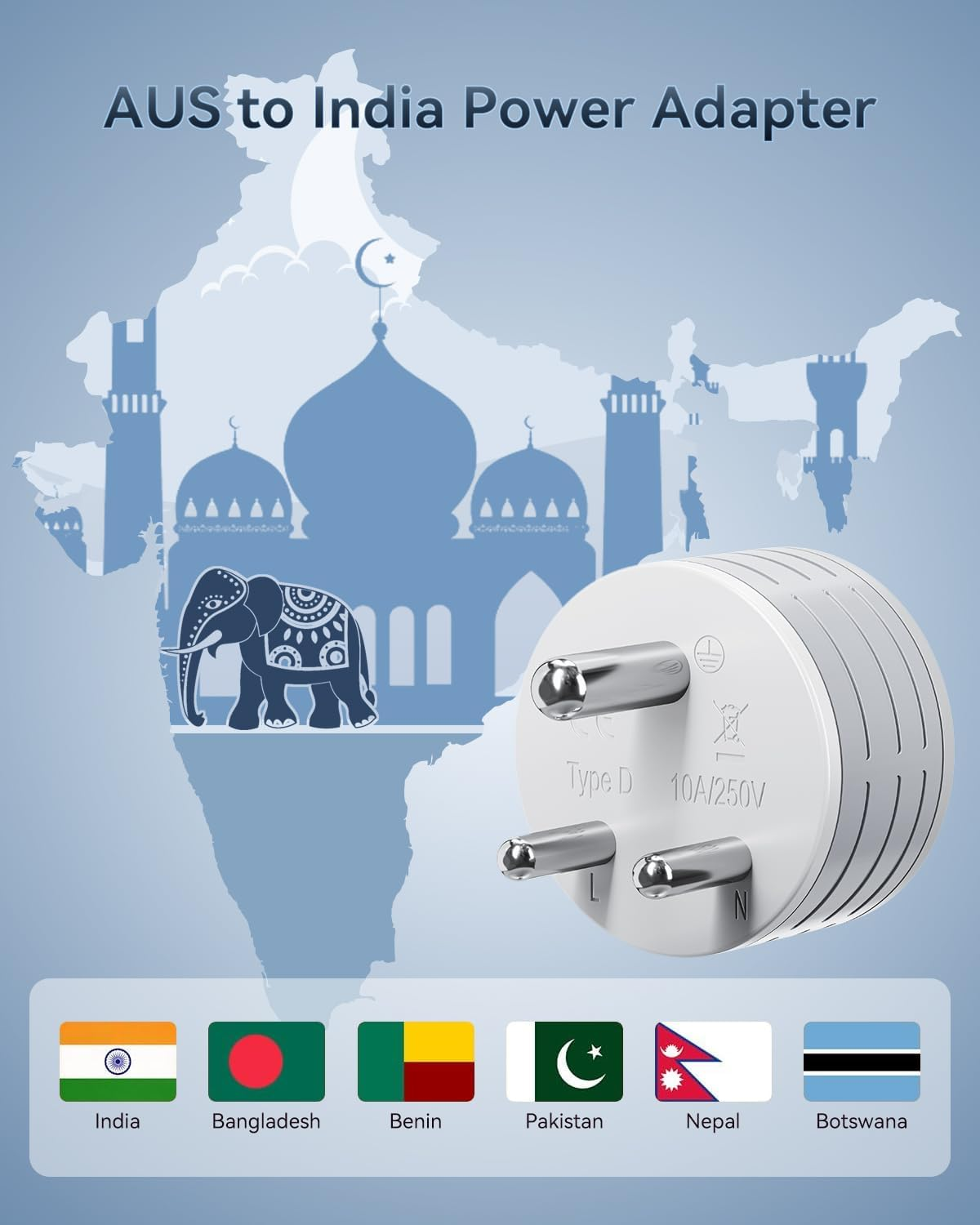 India Travel Adapter - AU to India Universal Travel Plug, in to AU International Power Adapters, India to Australia Travel Power Plug Type-D Adapter for Sri Lanka, Maldives, Nepal, Pakistan (2-Pack) image number 4