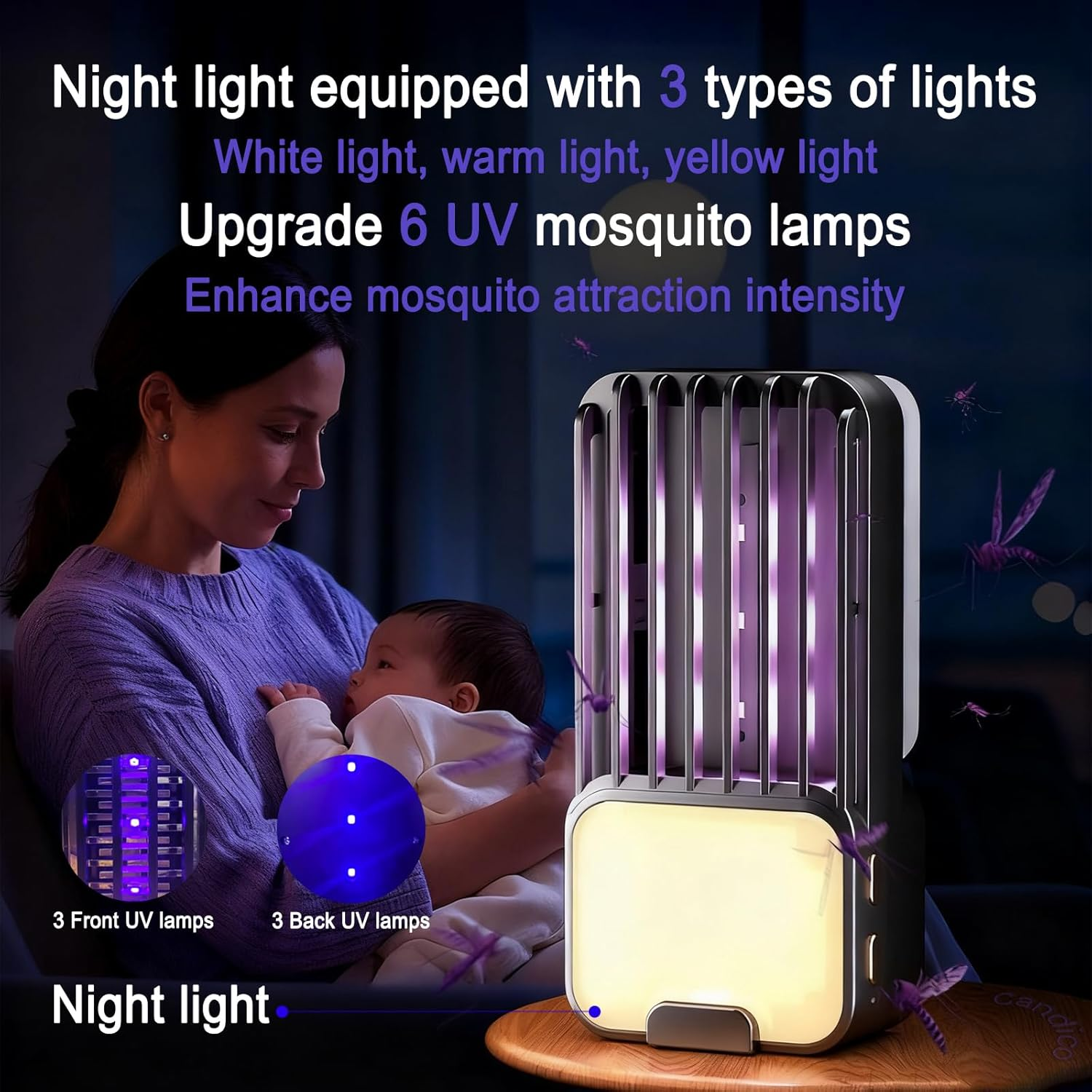Mosquito Zapper,Usb Plug Fly Zapper Flying Insect Trap for Flies, Fruit Flies, Moths & Gnats,Bug Zapper Indoor UV Attractant Stick Gnat Trap Catcher&Adjustable Night Light&5Pcs Adhesive Cards image number 4