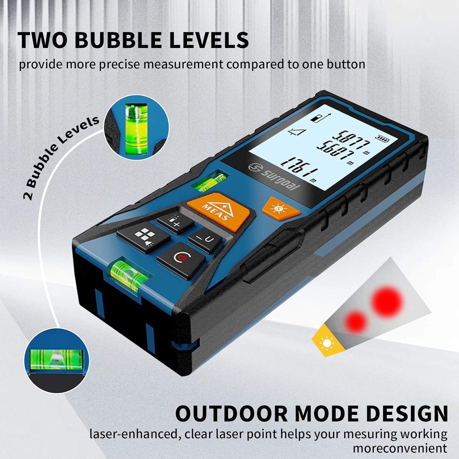 Laser Distance Meter 196Ft Digital Laser Measuring Tool with LCD Backlit Display, Pythagorean Mode, Area & Volume Calculation, &plusmn;2Mm Accuracy, Class II, Electronic Tape Measure for DIY and Construction - Elite-R 196Ft image number 6