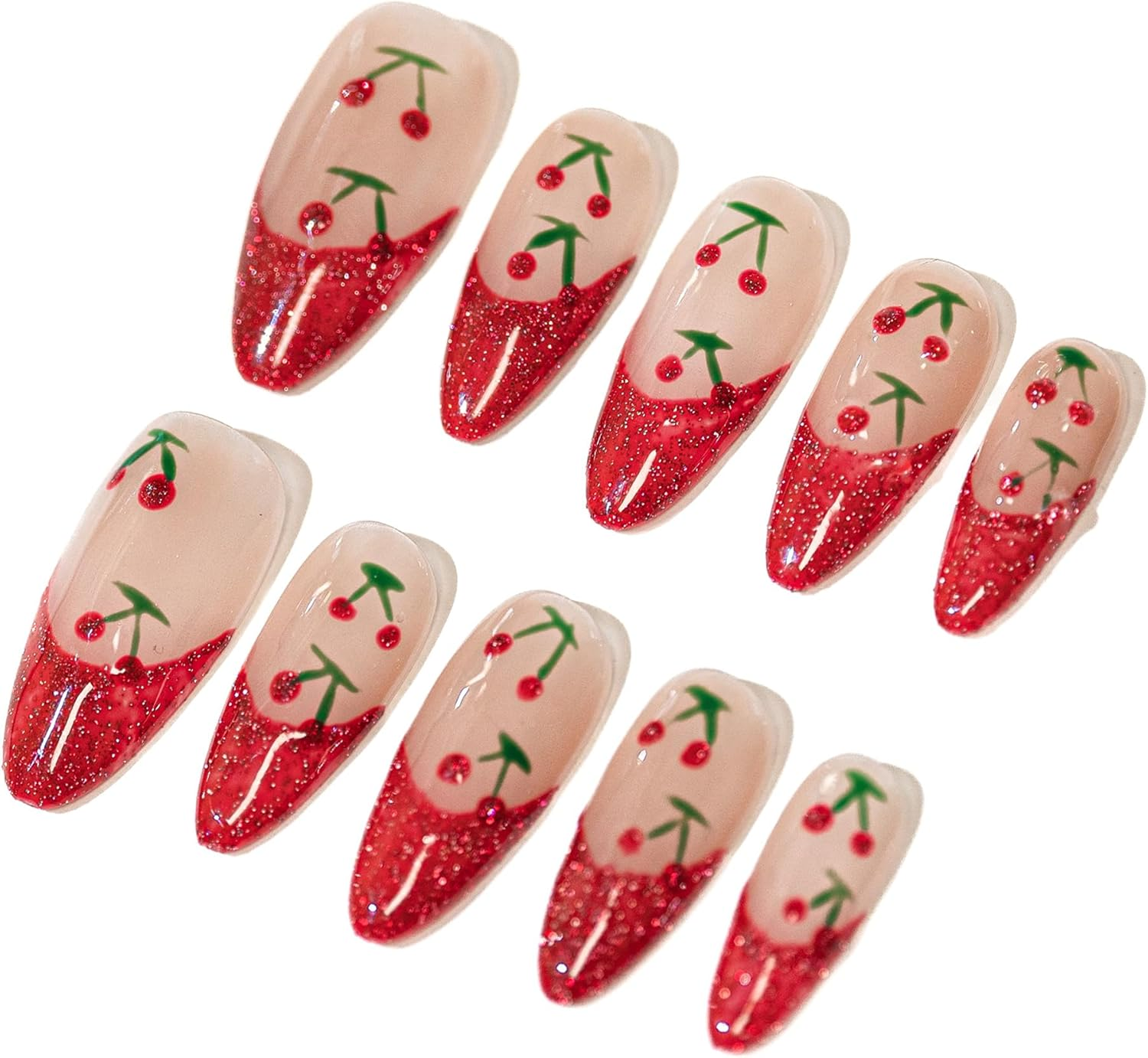 Sun&Beam Nails Handmade Press-On Medium Long Amlond Red Nude Beige French Cherry Sweet Design Fashion False Nail Tips 10 Pcs Set (#217 L) image number 1