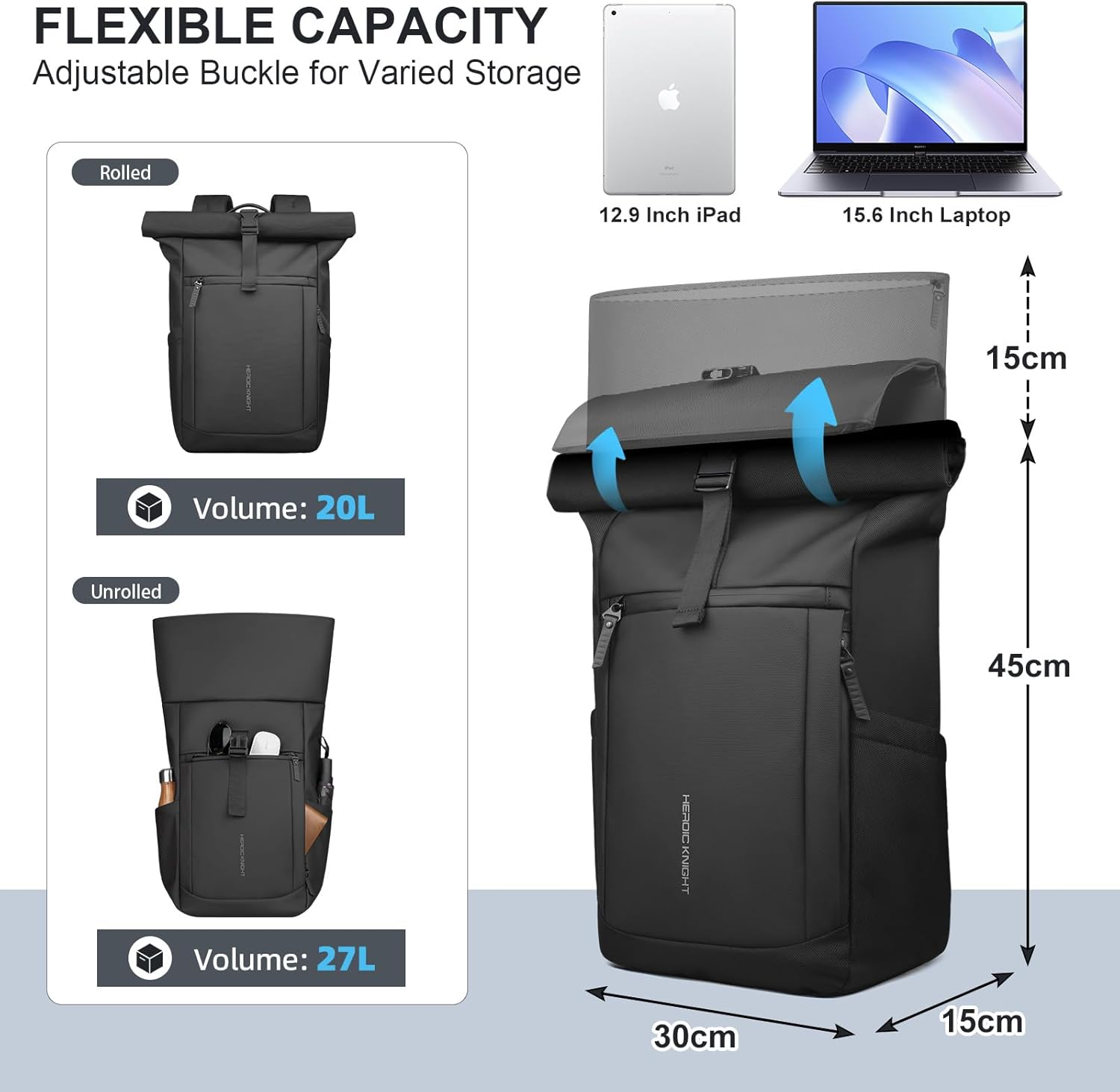 HEROIC KNIGHT Rolltop Laptop Backpack, Water-Resistant Bussiness Travel Backpack for Men Women, Expandable 20-27L Casual Daypack for 15.6 Inch Computer, Work Bag for Commute/College/Hiking,Black image number 4