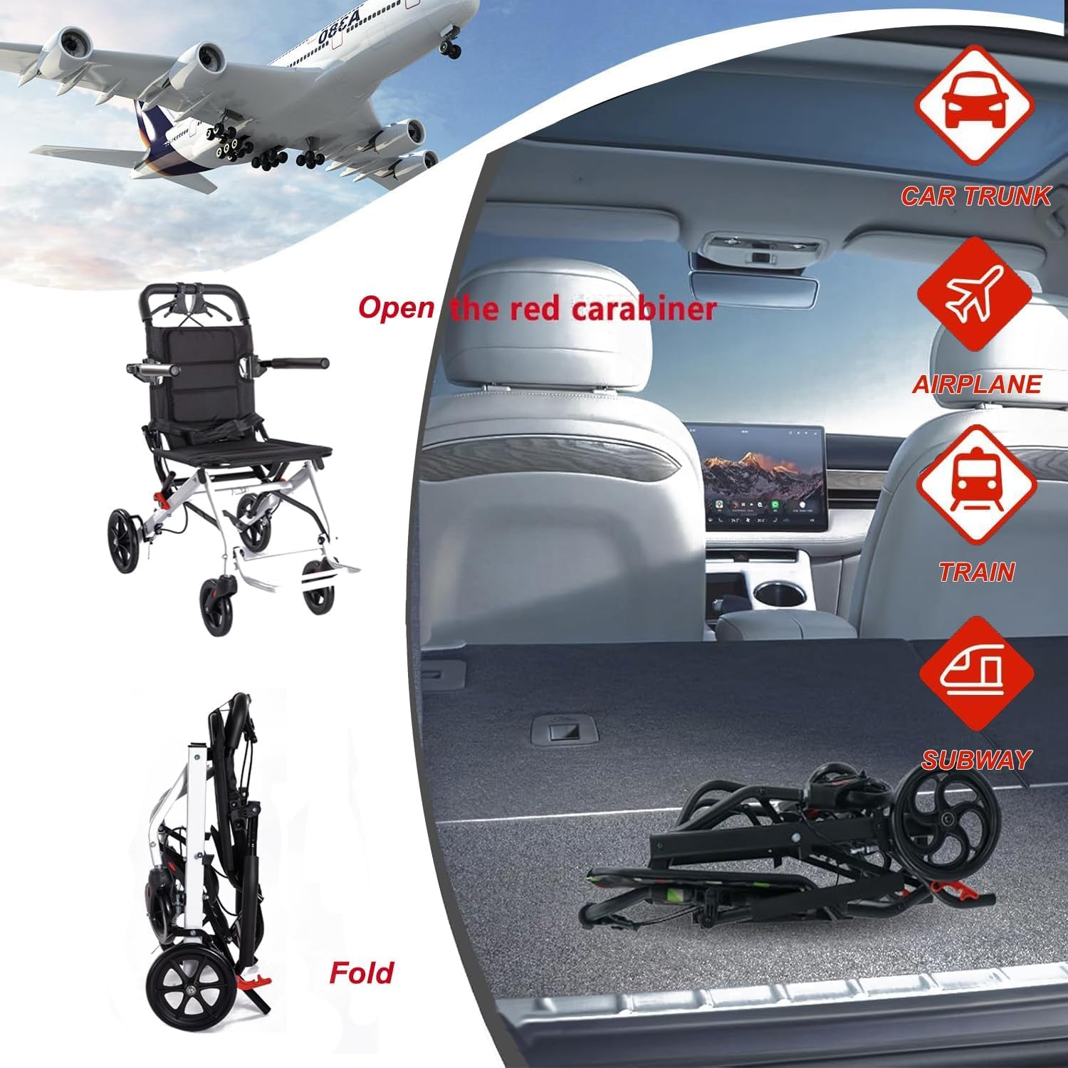 Lightweight Wheelchairs with Handbrake Ultralight Folding Travel Wheelchair Portable Compact Wheelchair for Adults, 8" Rear Wheels (White)