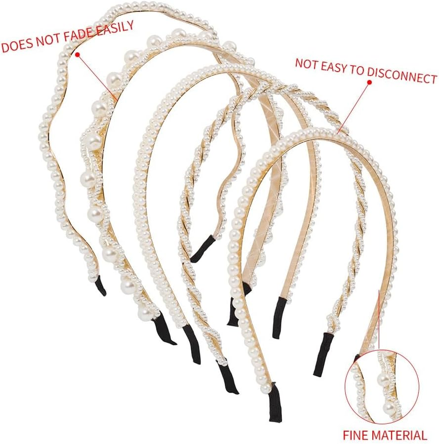 Headband with Pearls, Women'S Pearl Headband, Pack of 5, Elegant White Faux Pearls, Hair Accessories for Women, Girls, for Wedding, Birthday, Party, Valentine'S Day image number 1