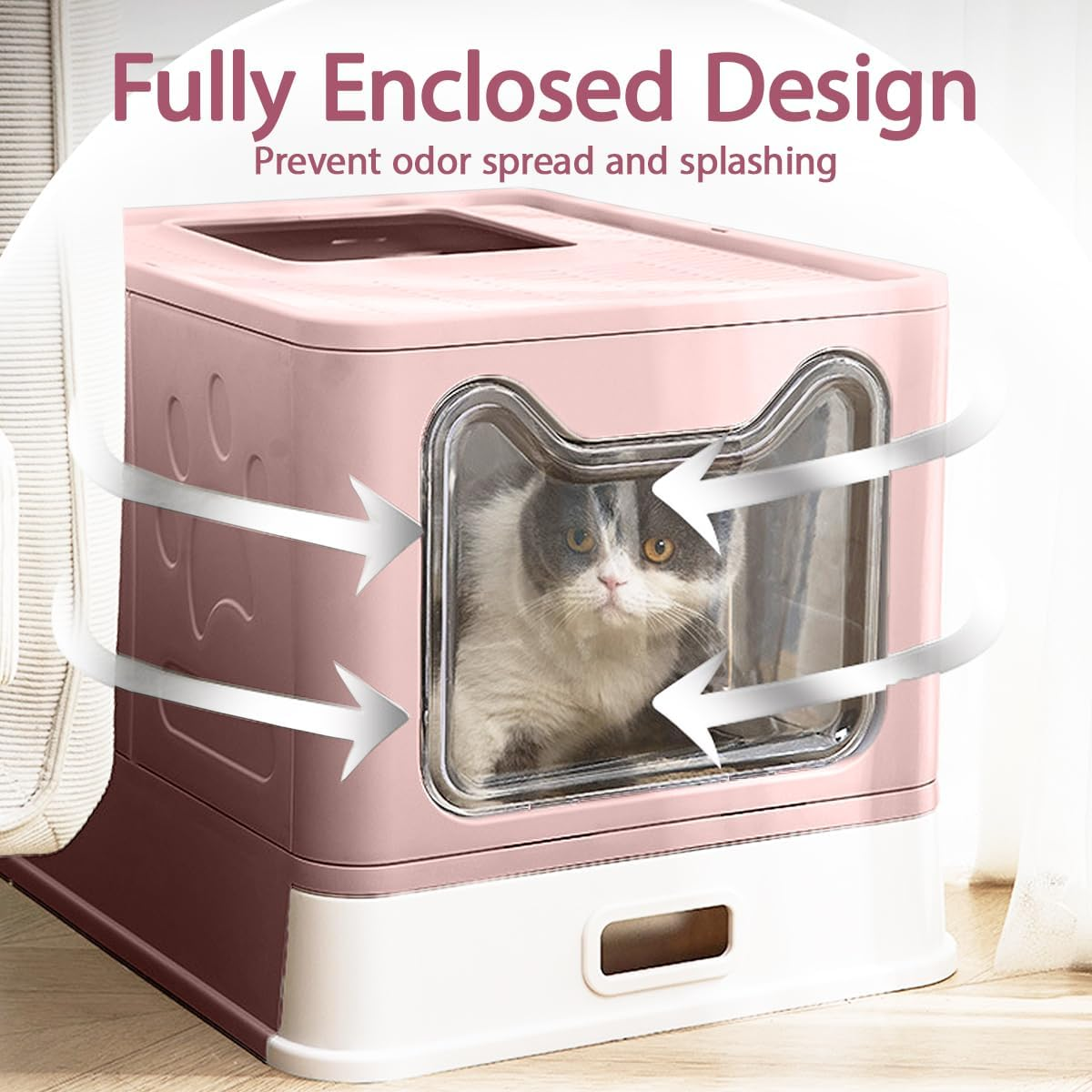 Blissify Enclosed Stainless Steel Litter Box, Large Kitty Litter Tray with Scoop & Drawer Design, Foldable Pet Toilet Box with High Sided, Anti-Leakage, Non-Sticky, Easy Cleaning, Pink image number 6
