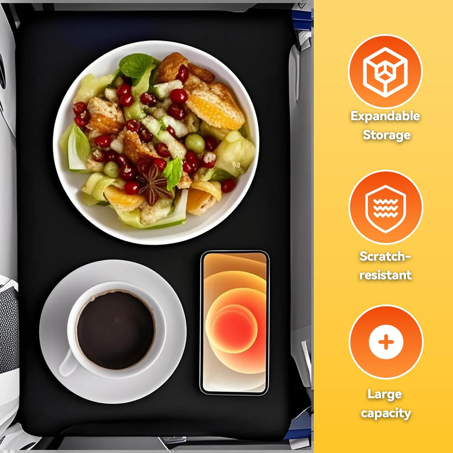 Airplane Seat Back Organizer with Multiple Pockets Durable Polyester Tray Table Cover Storage Bag for Travel Accessories Machine Washable Flight Essentials Organizer (Black,1-Pack) image number 1