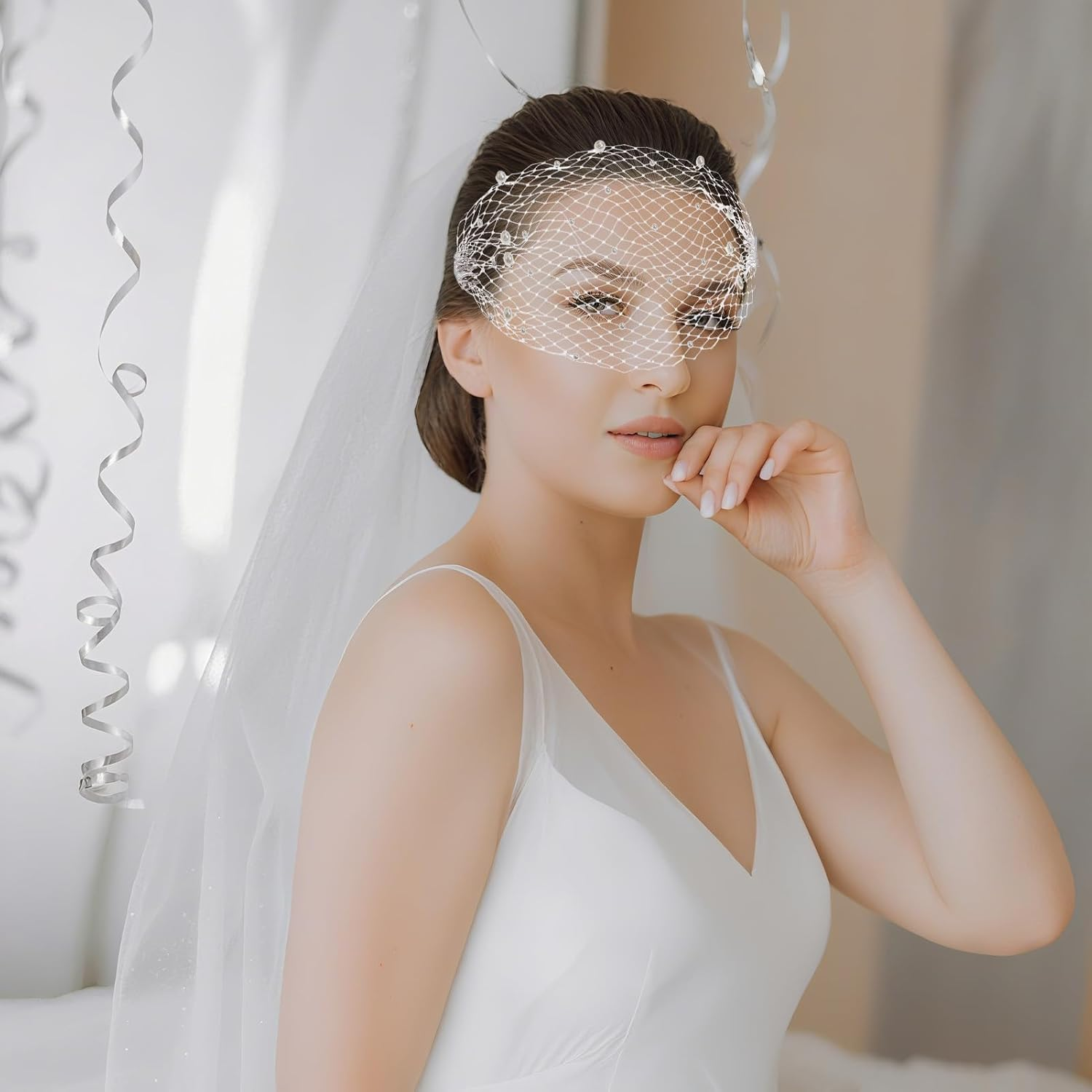 NICENEEDED 1920S Flapper Fascinator Net Veil White Bird Cage Face Veil Fascinator Veil for Bridal Weddings Tea Party for Women image number 6