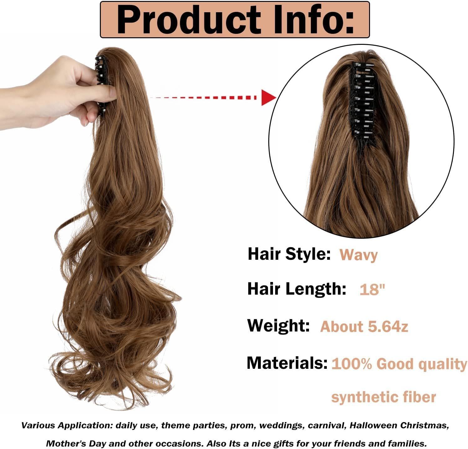 Claw Clip Ponytail Extension 18" Clip in Wavy Ponytail Hair Extensions Long Pony Tails for Women Extensions Light Chestnut Brown Wave Hairpiece(Light Brown) image number 5