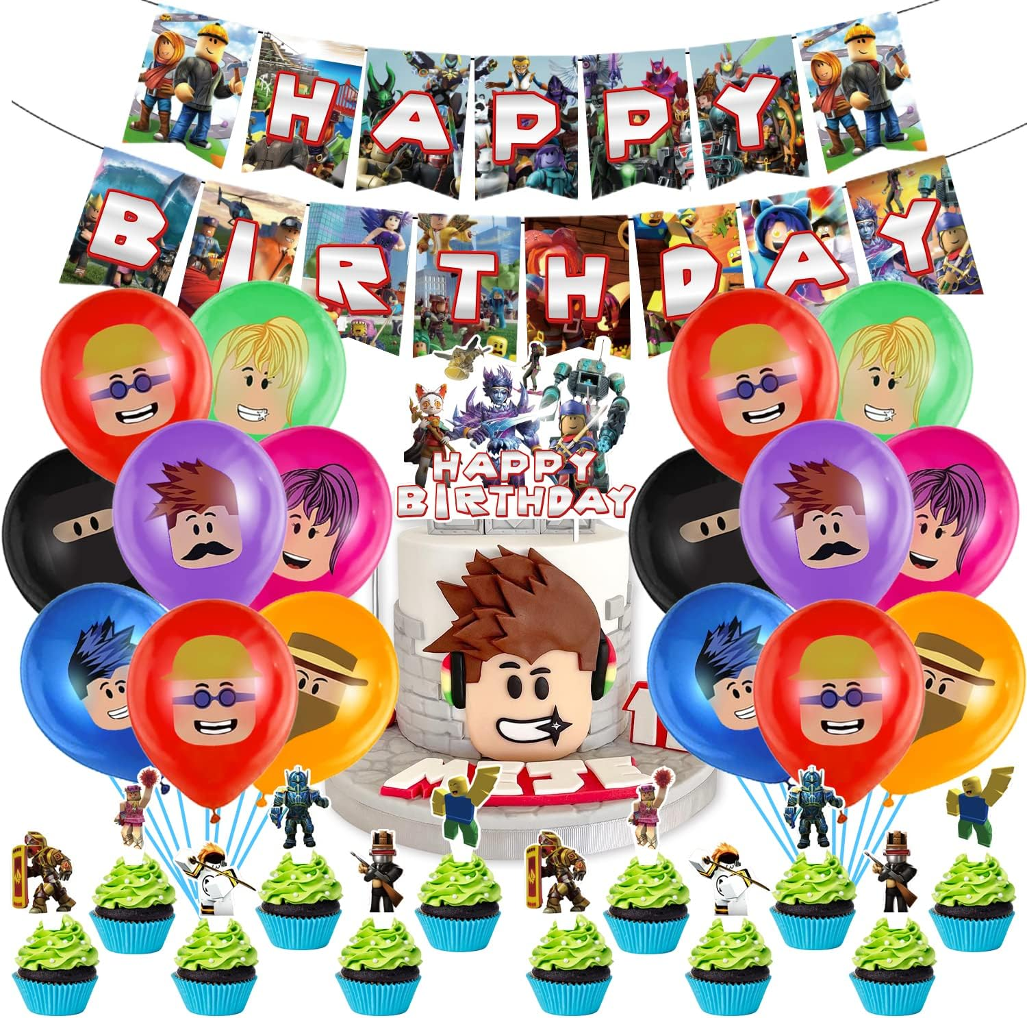 Roblox Balloons & Cupcake Toppers - 35 Piece Birthday Party Pack with Banner & Cake Decorations