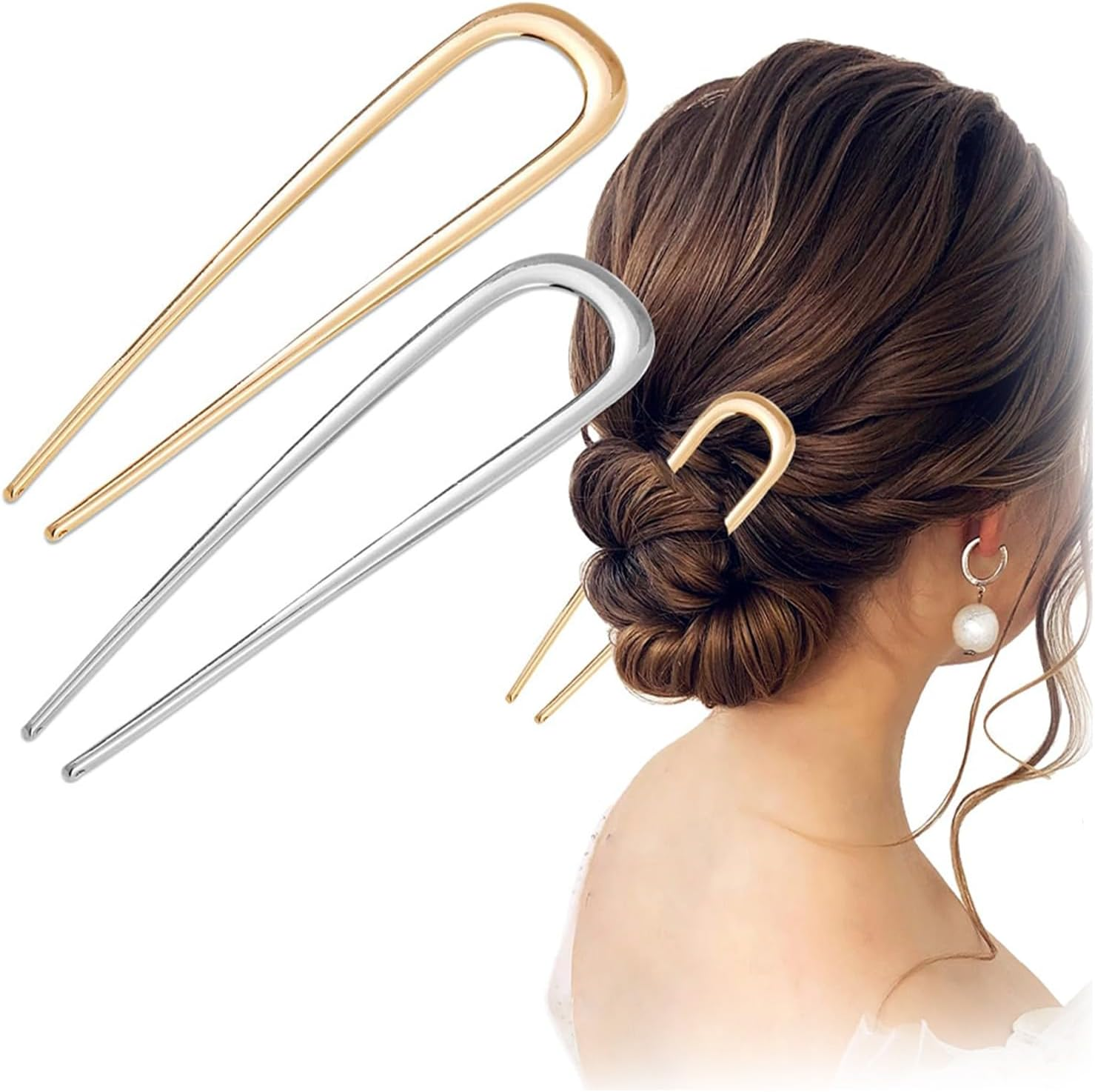 Aikeis U Type Simple Two Tone Hair Pin Metal Lightweight Heavy Hair Pin Hair Accessories Retro Hairpin French Hairpin Suitable for Women and Girls (Pack of 2) image number 2