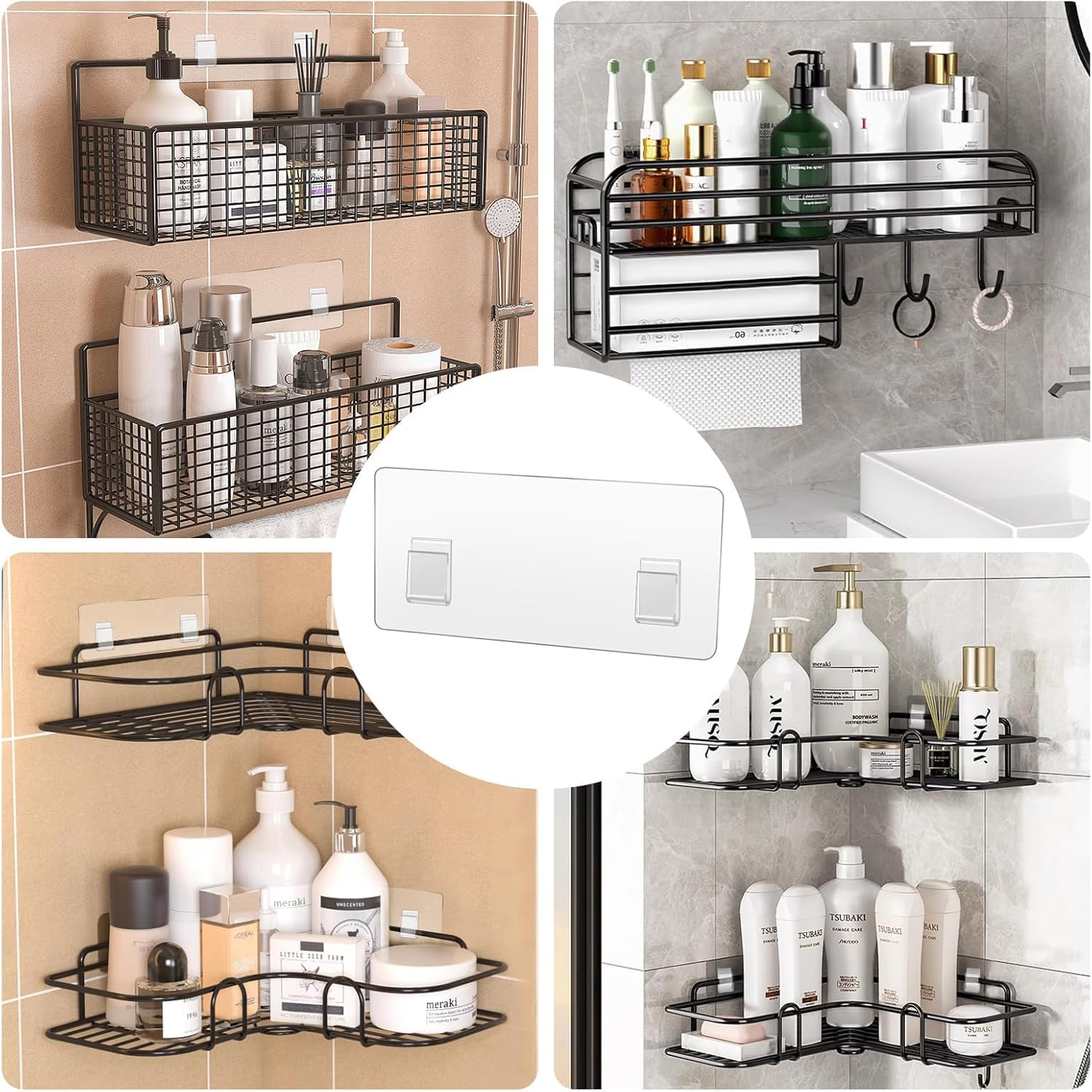 Yharnamite 8 Pcs Shower Caddy Strong Adhesive Hook Stickers, Bathroom Hooks, Shower Caddy Adhesive Hook No Drilling Strong Sticker Wall Hooks for Bathroom, Kitchen image number 1