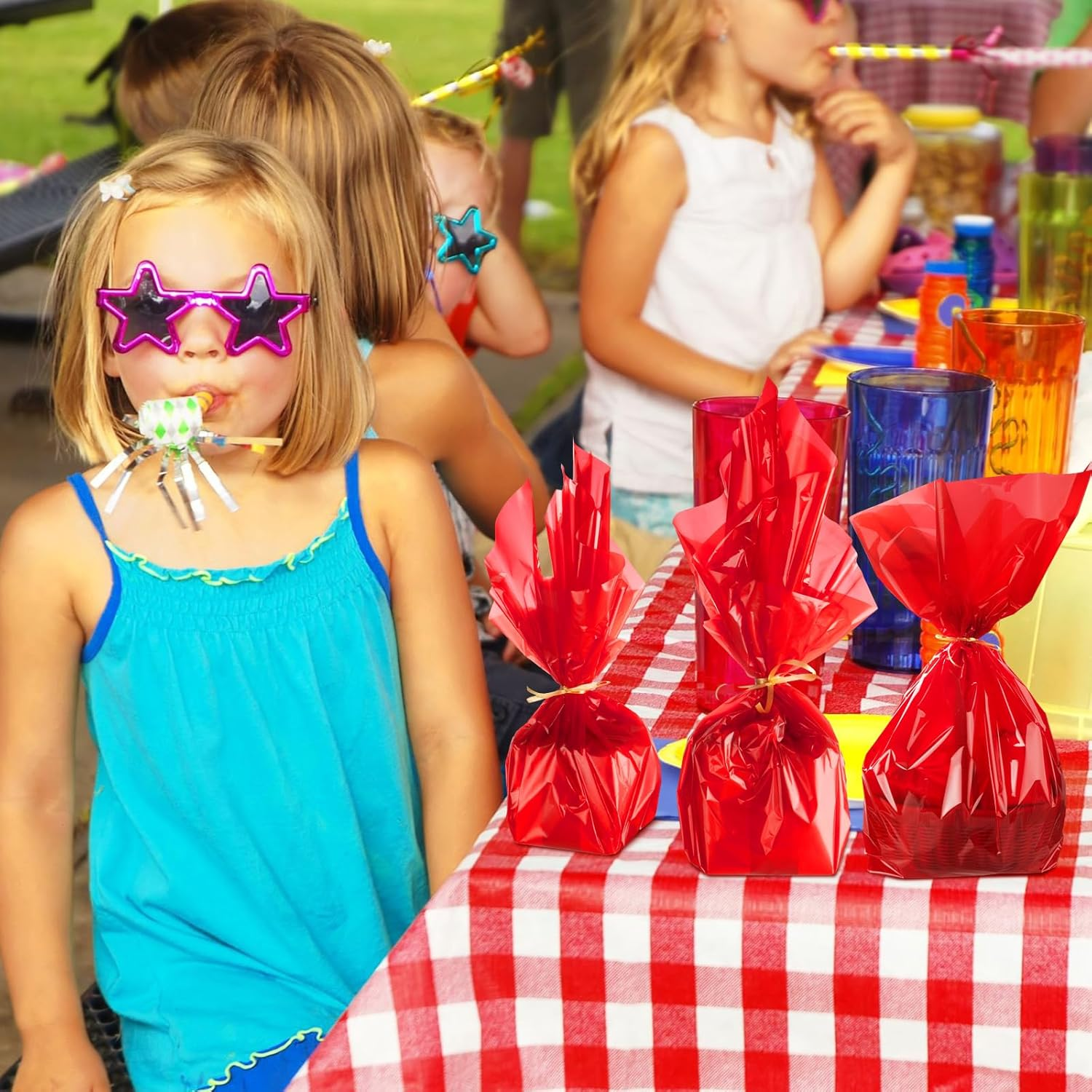 Tigeen Clear Cellophane Wrap Roll with 6 Rolls Ribbons, 16'' X 100 Ft 2.3 Mil Translucent Thick Cellophane Paper for Candy Baskets Packaging for Birthday Party Gifts(Red) image number 5