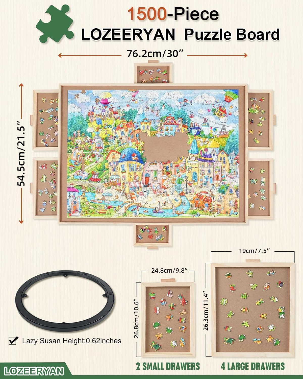1500 Piece Rotating Puzzle Board with Drawers and Cover, 25"X34"Portable Wooden Jigsaw Puzzle Table for Adults Portable, Spinning Puzzle Boards Birthday Mom.