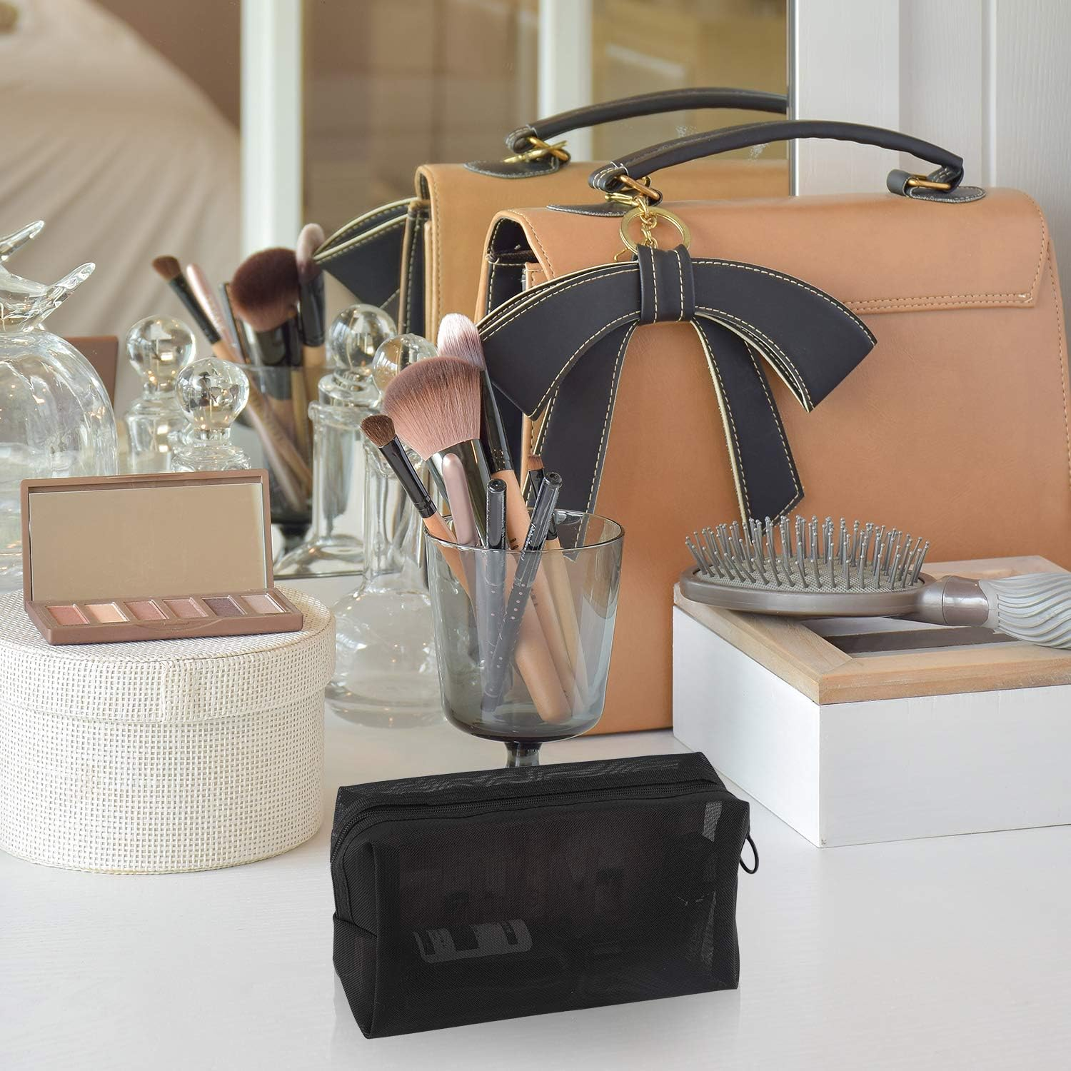 Boao 3 Piece Mesh Cosmetic Bag Mesh Makeup Bag with Zipper Pouch Travel Toiletry for Makeup Organizer Home Office Travel Accessories, Black, 3 Count (Pack of 1), Minimalist - Black image number 6