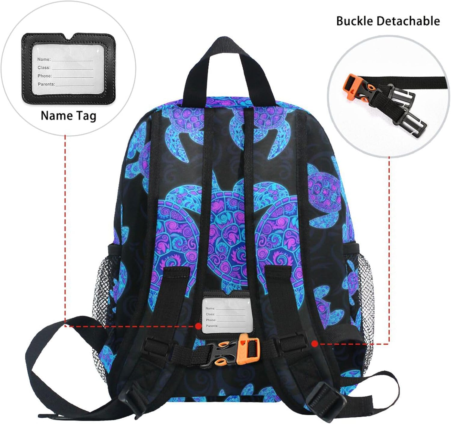 RPLIFE Toddler Backpack for Girls Boys, Neon Sea Turtles Black Little Kid'S Backpacks with Name Tag Mini, 3-8 Years image number 3