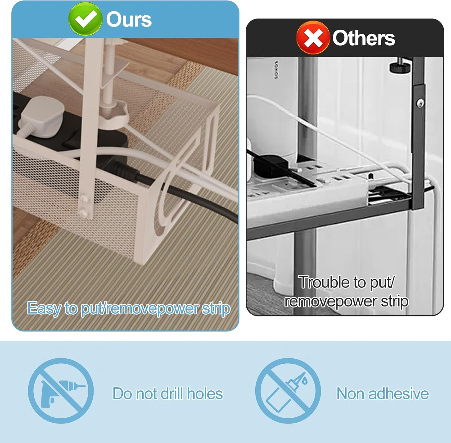 Ruaizel under Desk Cable Management Tray, 15.3'' No Drill Metal Desk Cable Organizers Wire Organizer & Cord Management under Desk Holder with Clamp for Home Office, White image number 6