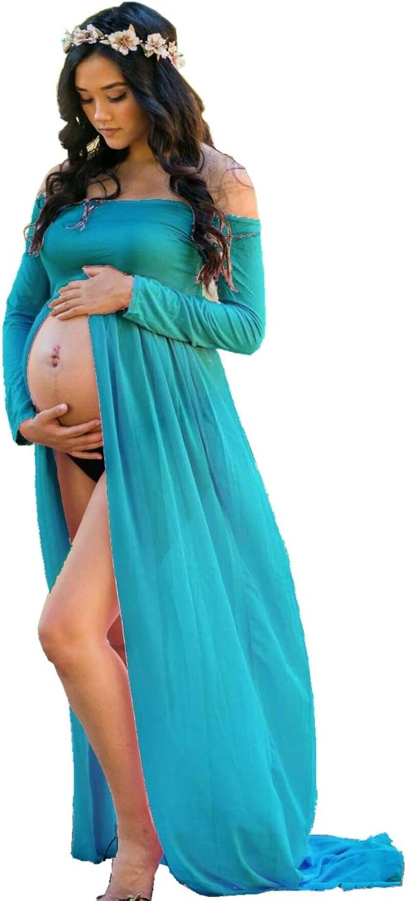 ZIUMUDY Maternity Maxi Chiffon Photography Dress Split Front Gown for Photoshoot