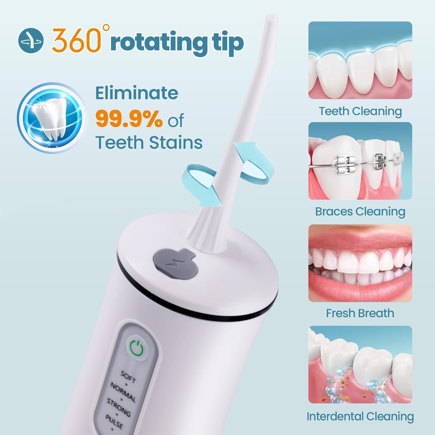 Cordless Water Flosser for Teeth, Electric Oral Irrigator with 4 Cleaning Modes & 8 Jet Tips, IPX7 Waterproof Dental Irrigator, Portable Rechargeable Teeth Cleaner for Home Travel,White image number 3
