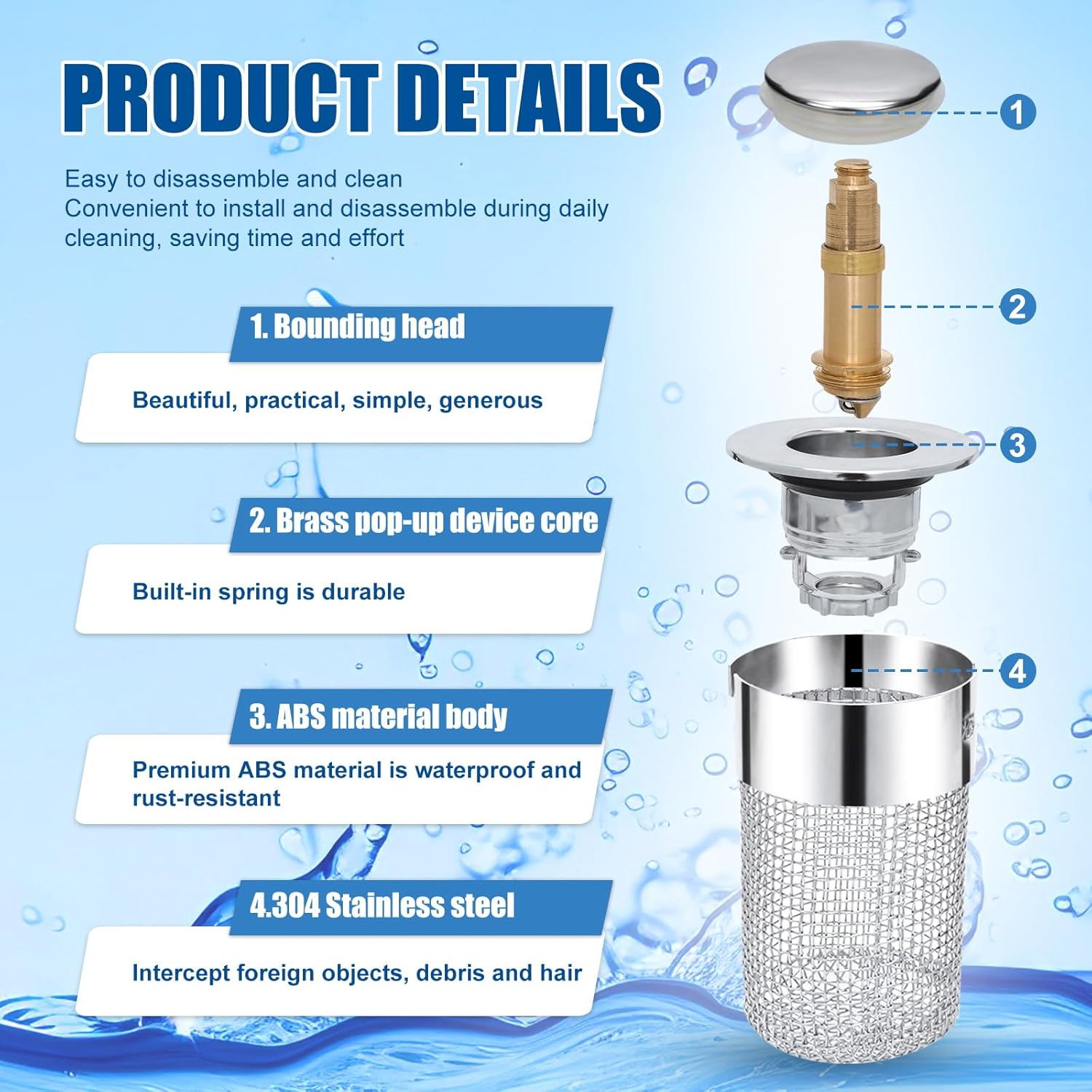 Stainless Steel Floor Drain Filter, Pop-Up Sink Drain Filter Multifunctional Bathtub Sink Drainer Bathroom Sink Stopper with Detachable Filter Basket for Bathroom Kitchen image number 2