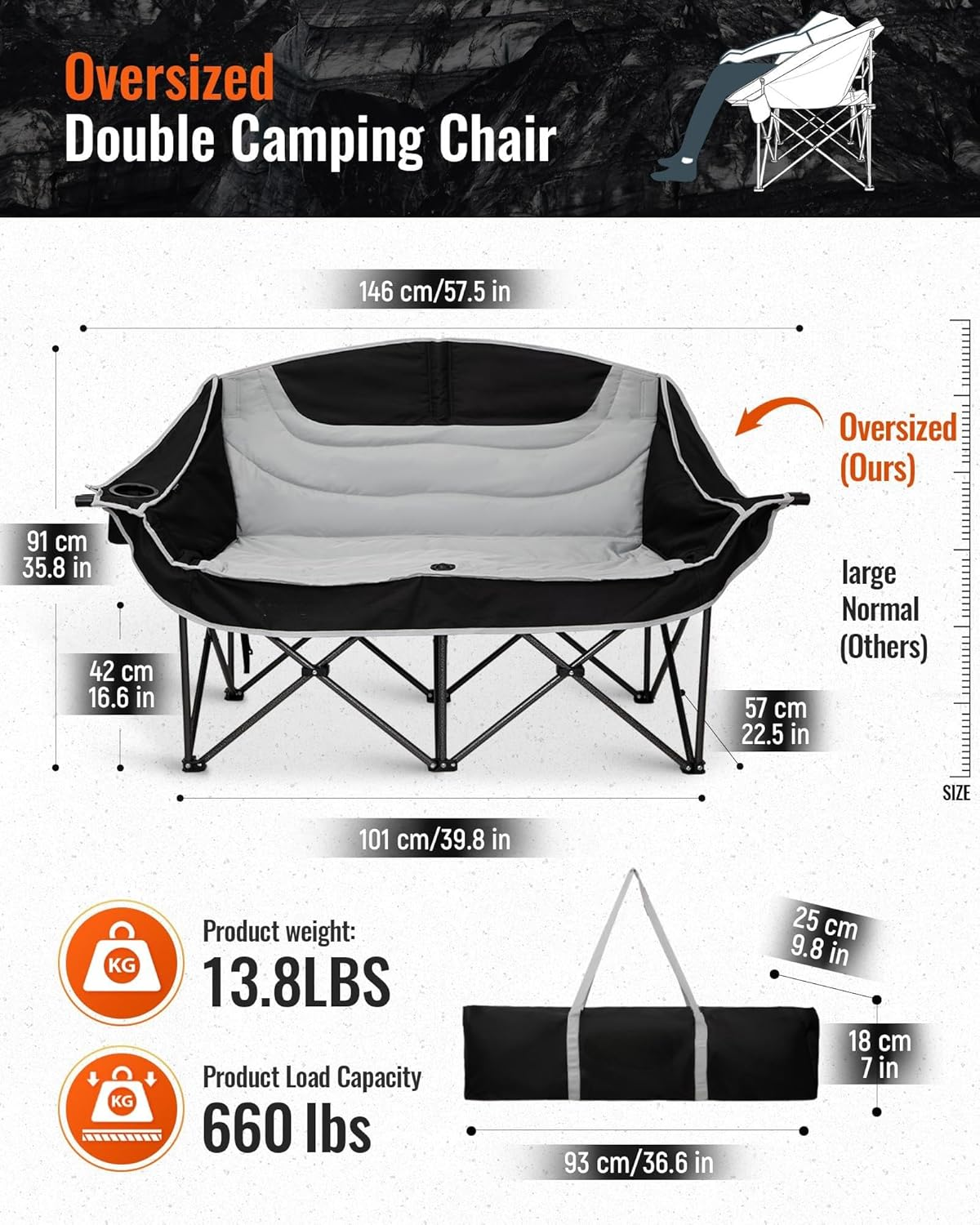 Double Camping Chair, Oversized Heavy Duty Loveseat for Adults Portable Folding XL 2 Person Couch Padded Comfortable Two Seat with Cup Holder for Outdoor Lawn Backyard XL 2 Person Black/Grey image number 2